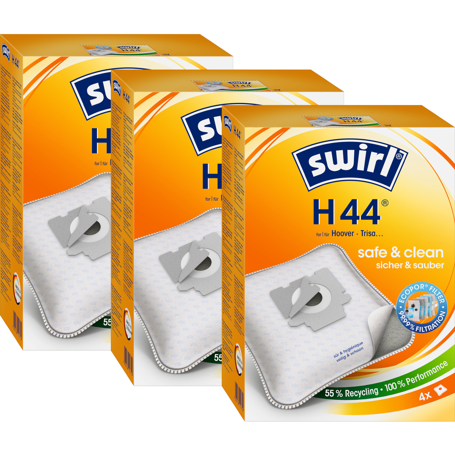 Drei Kartons mit Swirl H44 Staubsaugerbeuteln. Jede Schachtel zeigt ein Beutelbild, Branding und Text für sichere & saubere Leistung.