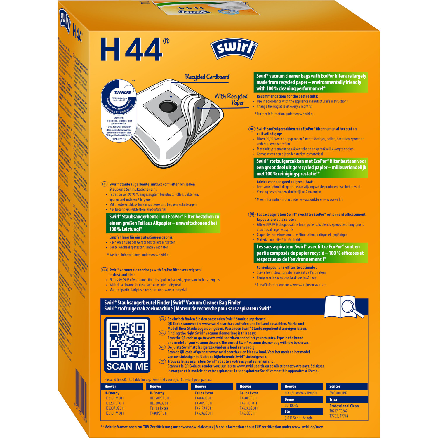 Karton mit Swirl-Staubsaugerbeuteln, Text und QR-Code. Die Box hat ein blaues und gelbes Farbschema.