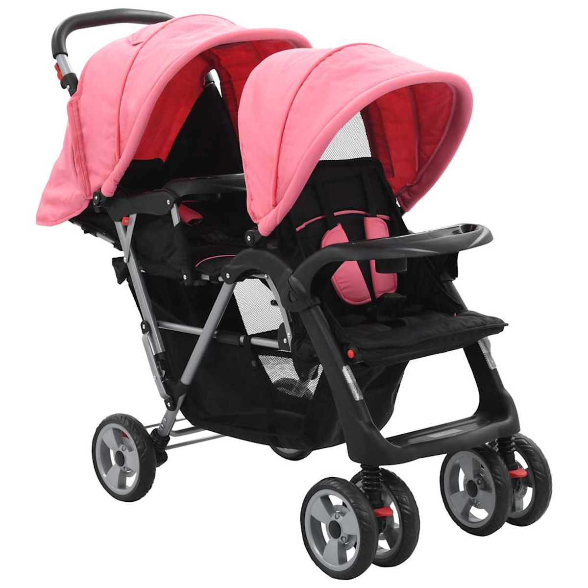 Ein Zwillingskinderwagen mit rosa Verdecken und schwarzen Sitzen. Er hat vier Radsätze und ein graues Gestell.