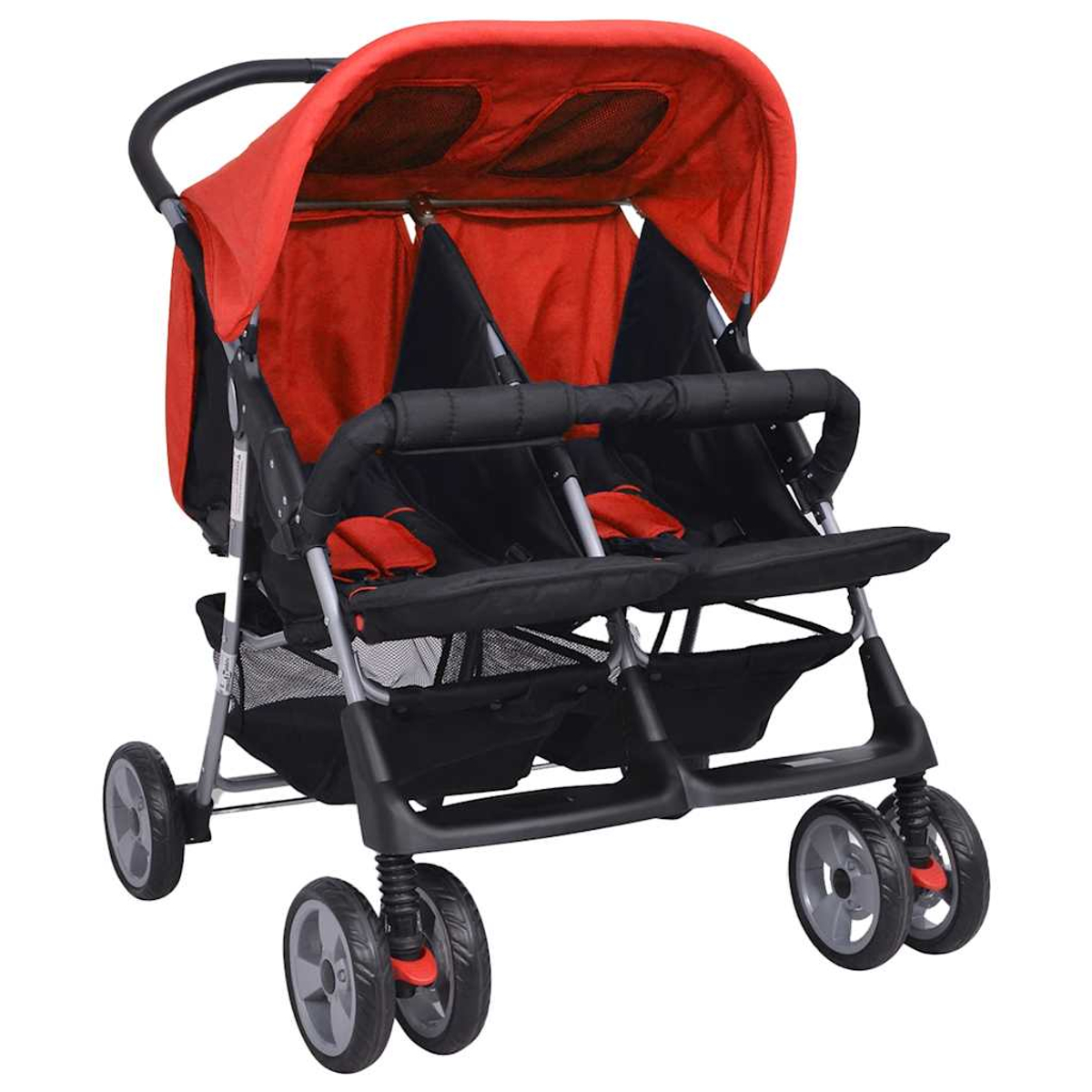 Un passeggino gemellare rosso e nero con capottina. Ha quattro ruote, due sedili e un cestello portaoggetti.