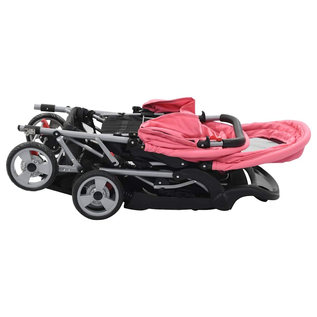 Ein zusammengeklappter rosa-schwarzer Kinderwagen. Der Kinderwagen hat vier Räder, einen Griff und einen Sitz. Der Hintergrund ist schlicht weiß.