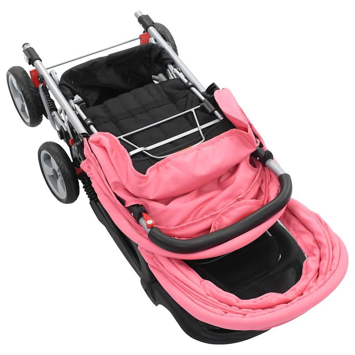 Gezeigt wird ein rosa-schwarzer Kinderwagen. Er hat einen schwarzen Sitz und ein rosa Verdeck, mit grauen Rädern und einem schwarzen Lenker.