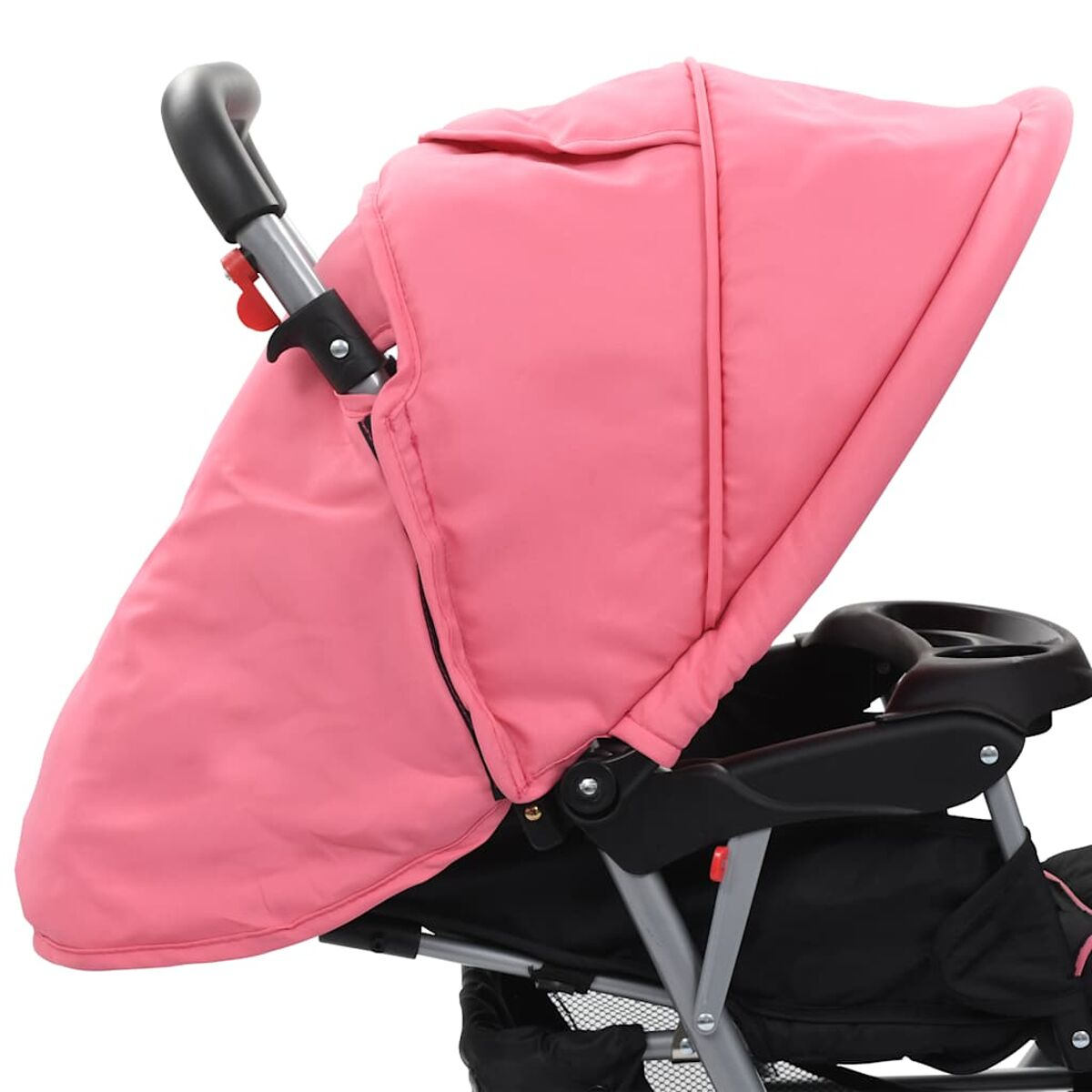 Ein rosa Kinderwagen mit schwarzem Griff und Verdeck. Das Gestell ist silberfarben, der Sitz ist schwarz. Das Verdeck ist hochgeklappt.