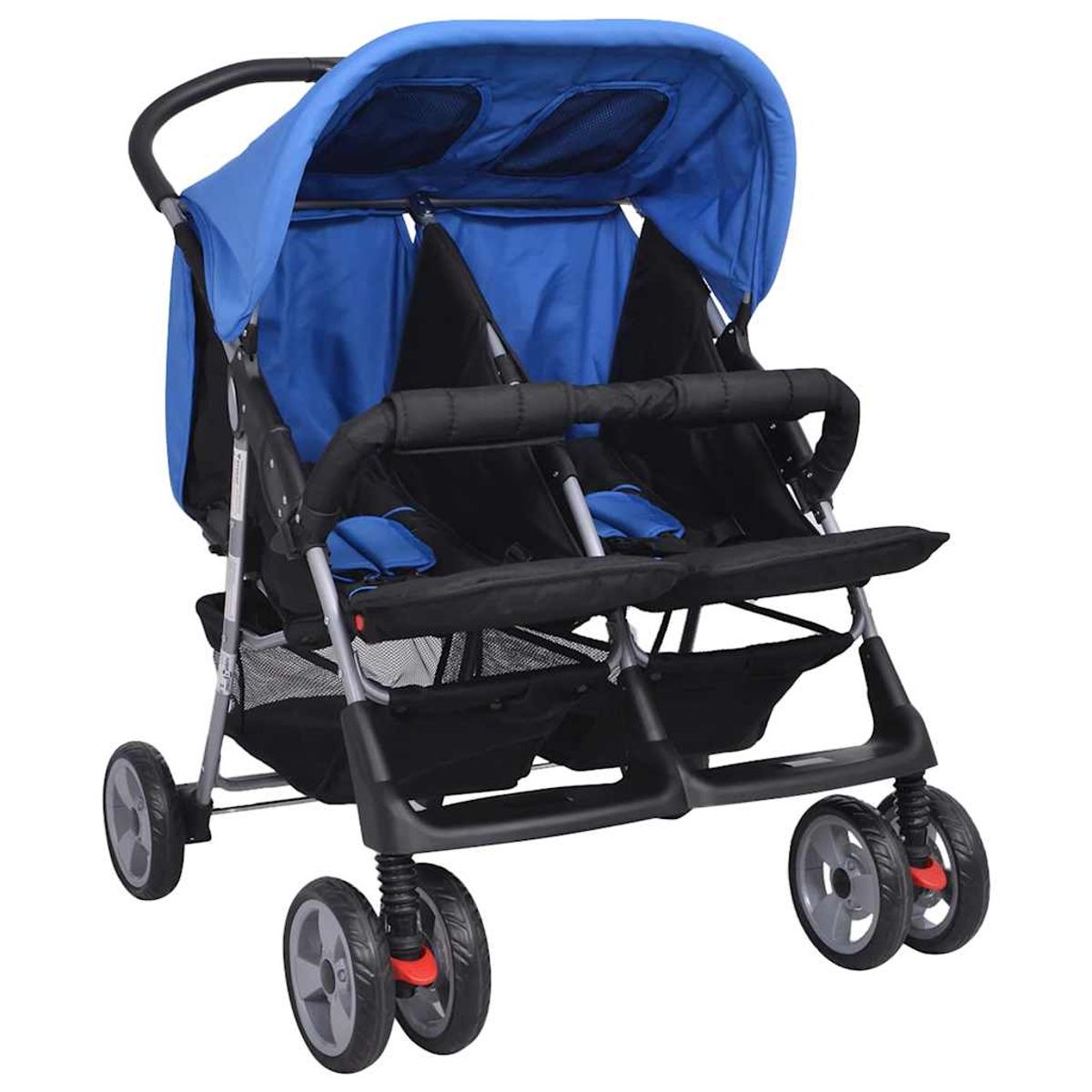Un passeggino doppio blu e nero. Ha una capote blu e sedili neri. Le ruote sono grigie e rosse.