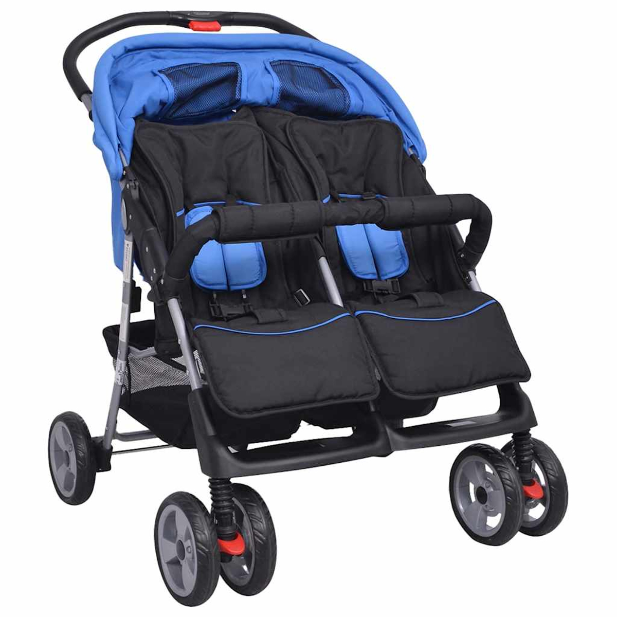 Un passeggino gemellare con tessuto blu e nero. Ha quattro ruote, un manico e una capote. Il telaio è argento.
