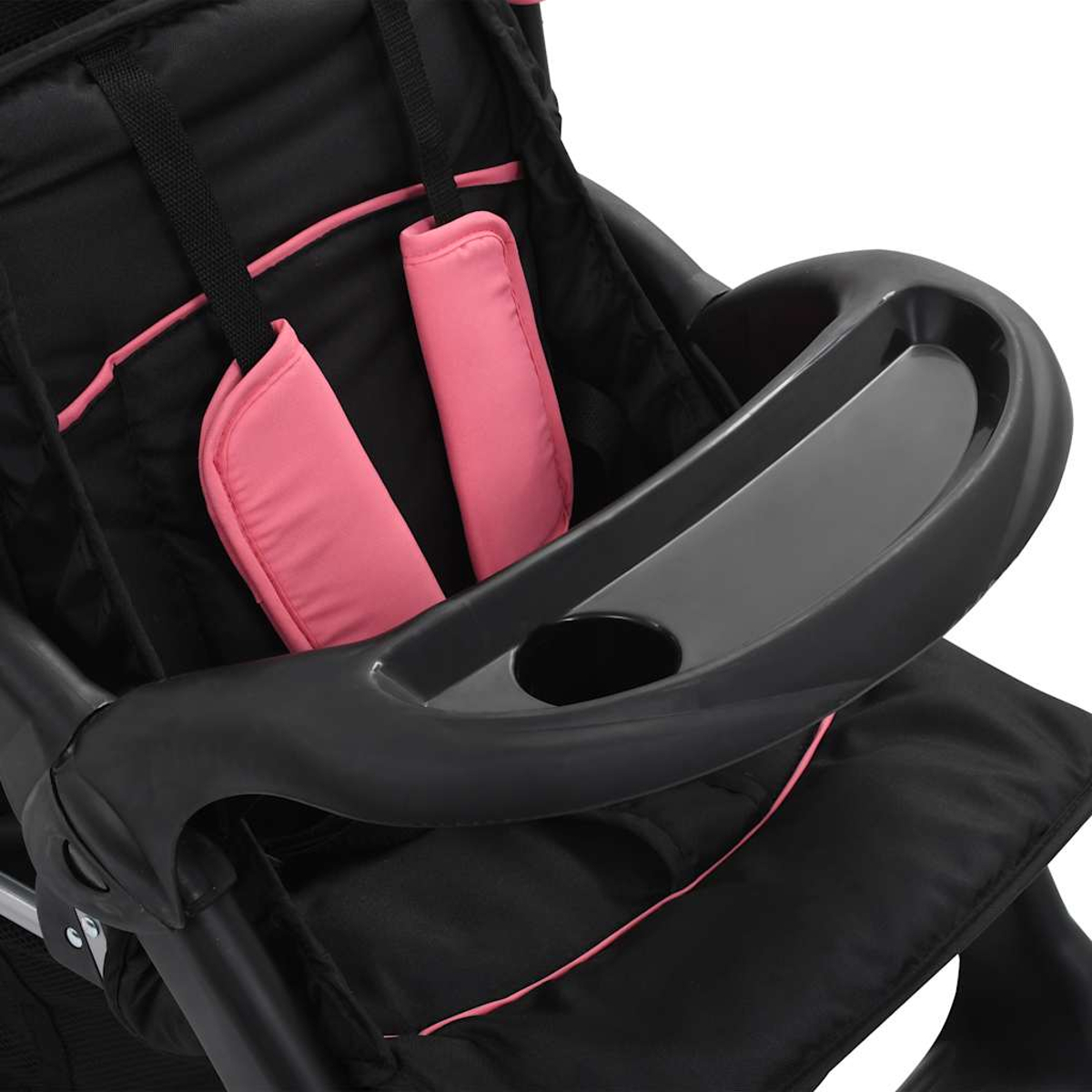 Schwarzer Kinderwagen mit rosa Akzenten. Merkmale sind eine Ablage, ein Getränkehalter, rosa gepolsterte Gurte und schwarzer Sitzstoff.