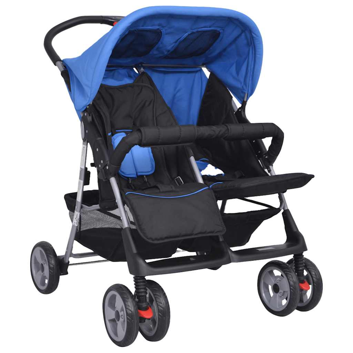 Un passeggino doppio con cappottina blu e sedili neri. Ha ruote grigie e un cestino portaoggetti sotto.