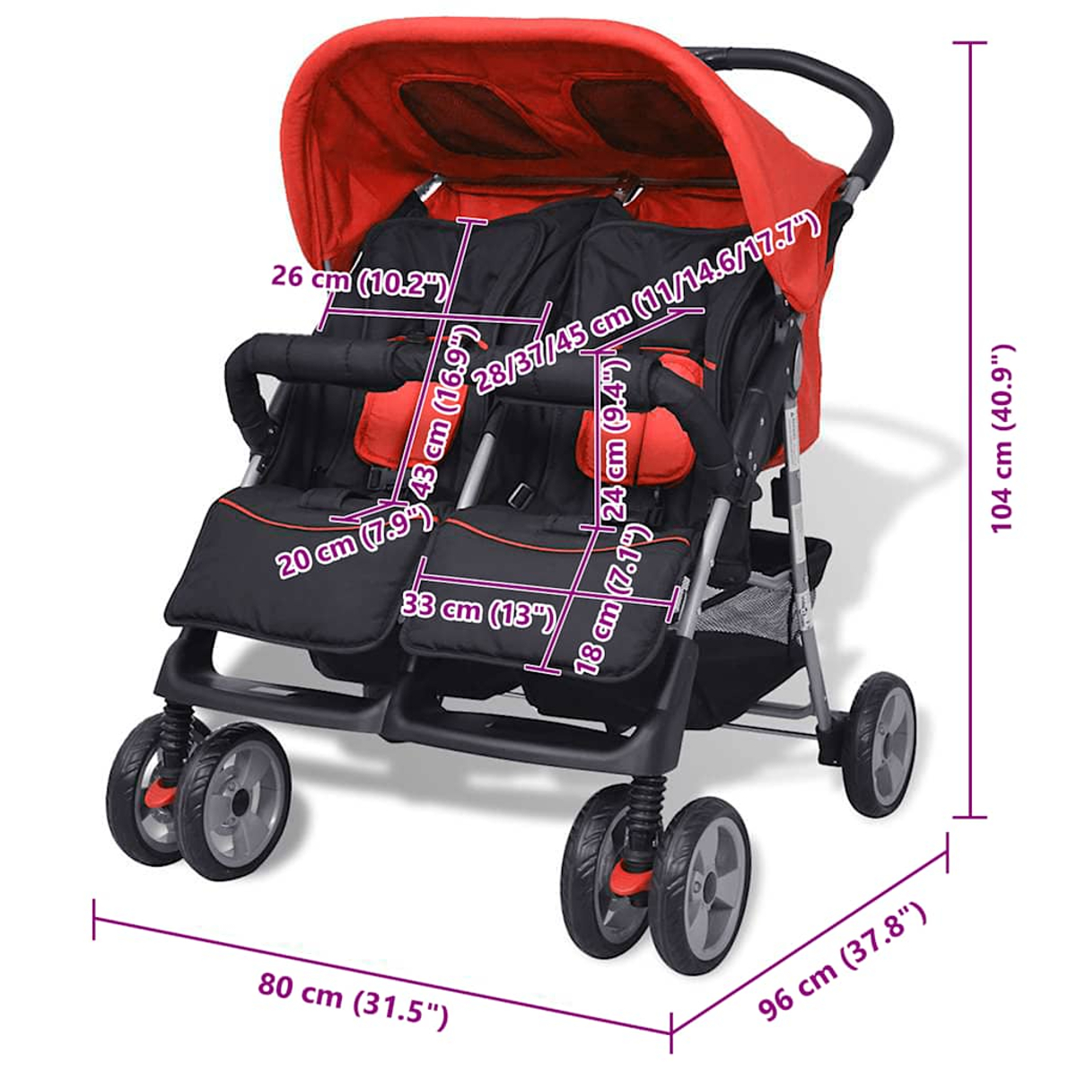 Un passeggino gemellare rosso e nero con dimensioni. Ha due sedili, una capottina e ruote multiple.