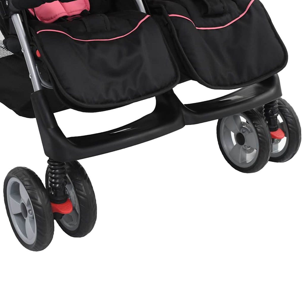 Un passeggino gemellare nero e rosa con ruote grigie. Le caratteristiche includono scomparti portaoggetti neri e un telaio nero.