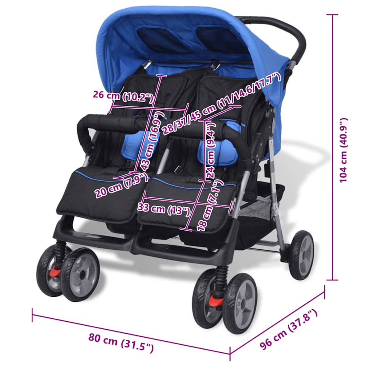 Un passeggino doppio blu e nero con dimensioni espresse in cm e pollici.