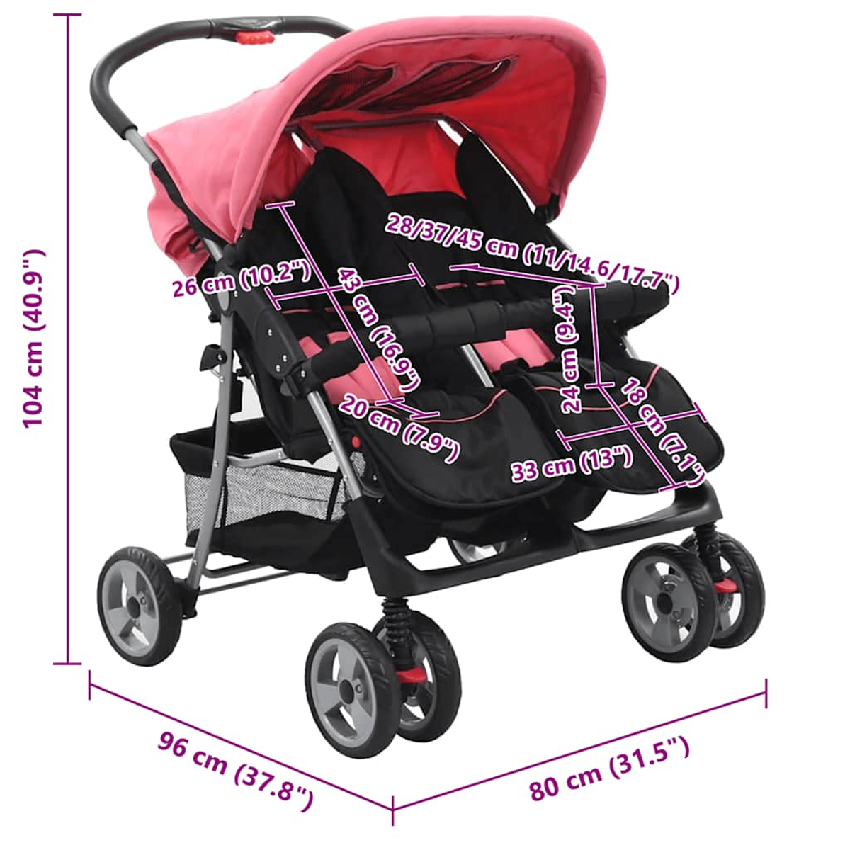 Un passeggino gemellare rosa e nero con dimensioni. Ha un parasole, più ruote e un cestino portaoggetti.