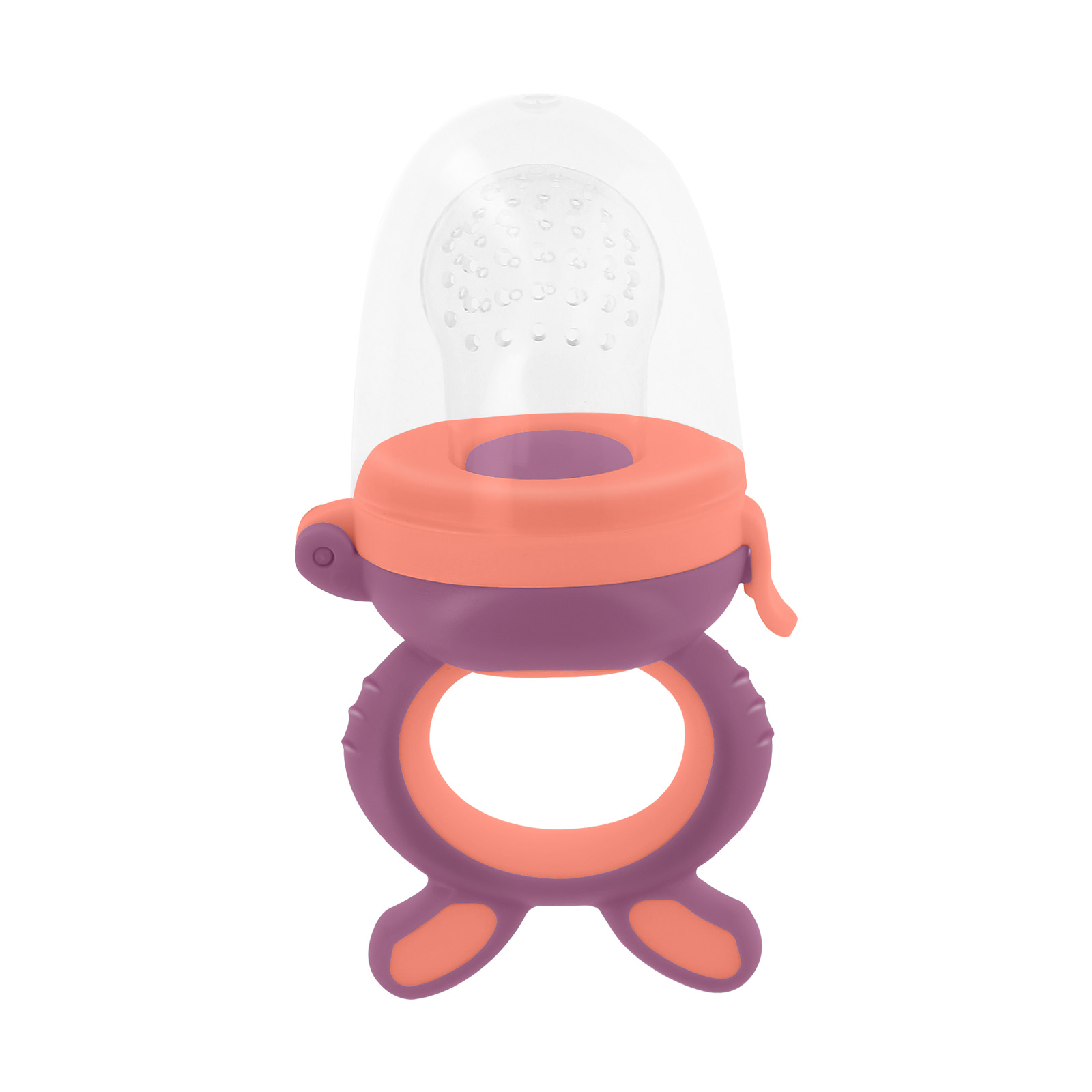 Un alimentatore per neonati con una parte superiore trasparente e perforata, dettagli arancioni e viola e un'impugnatura ad anello. Isolato su bianco.
