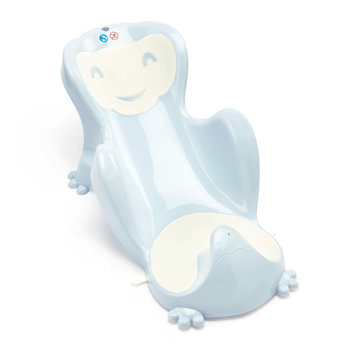Eine hellblaue Babybadewanne in Form eines lächelnden Gesichts mit einem weißen Innenbereich und pfotenartigen Füßen.