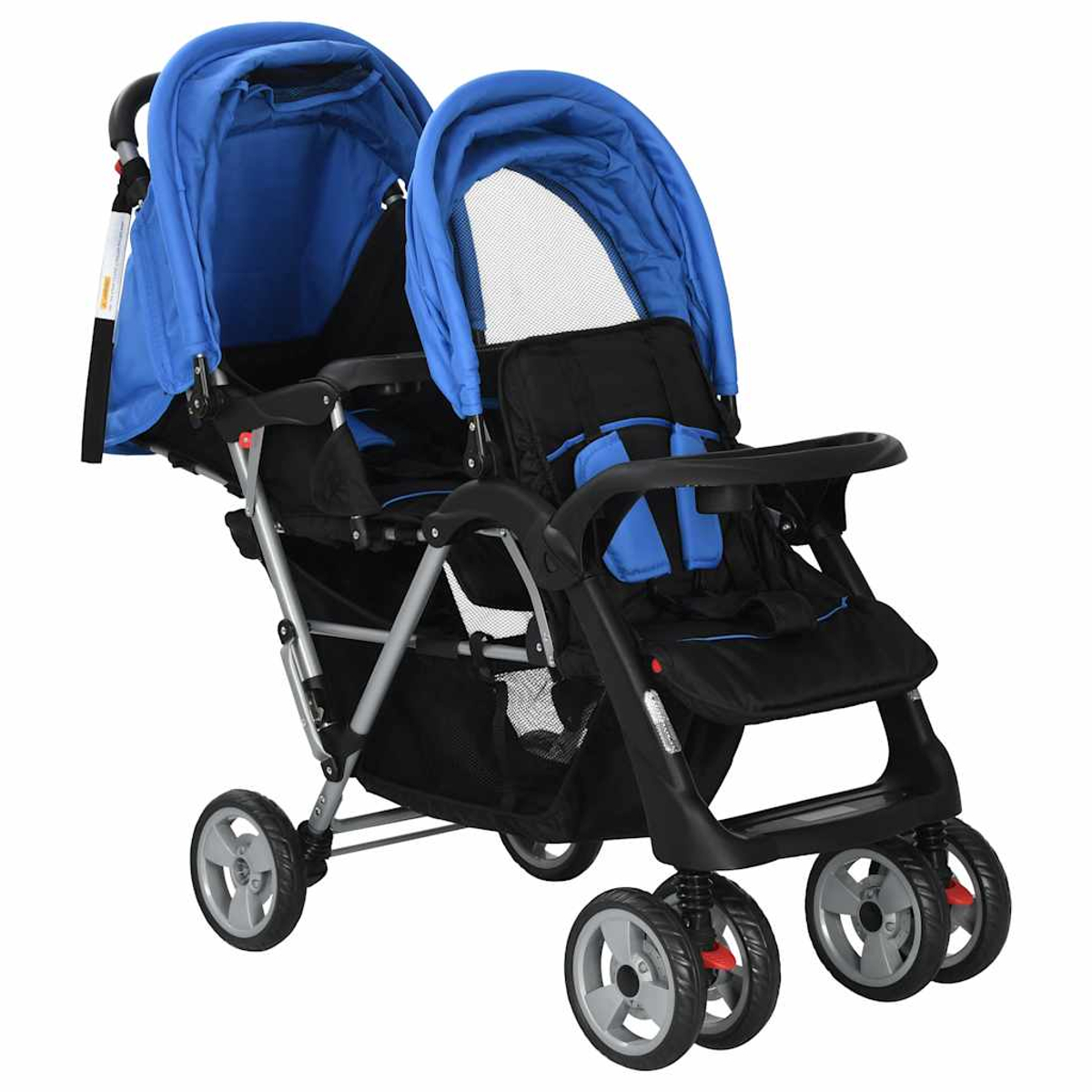 Un passeggino doppio blu e nero con due sedili, capottine e ruote multiple. Il telaio è argento e nero.