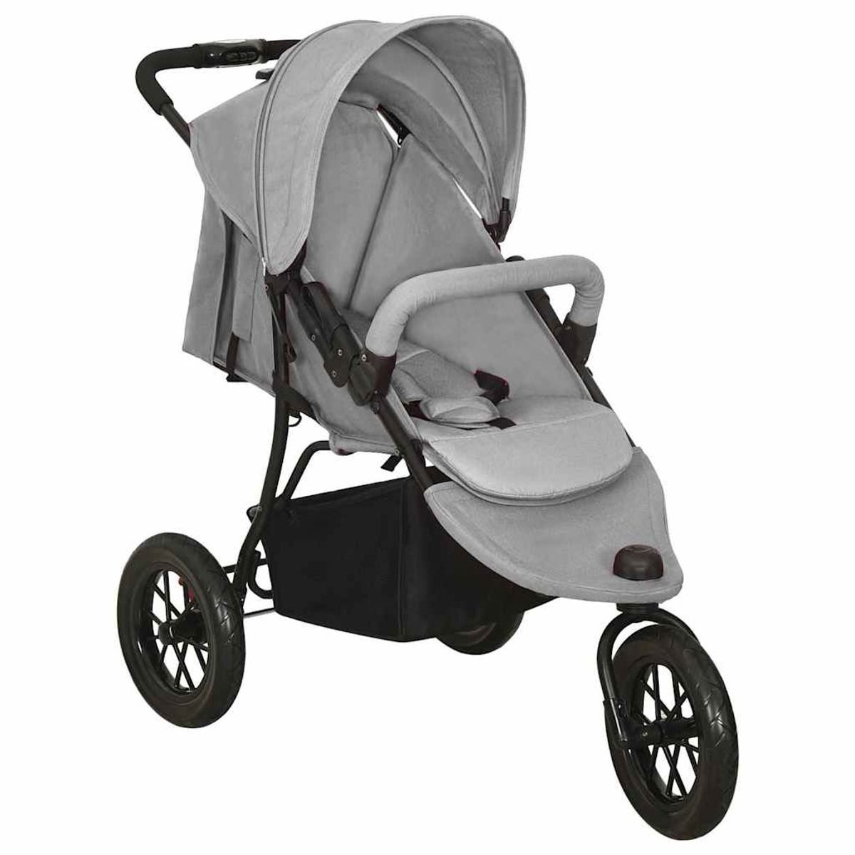 Ein grauer Kinderwagen mit Verdeck wird gezeigt. Er hat drei Räder, einen schwarzen Rahmen und einen schwarzen Stauraum unter dem Sitz.