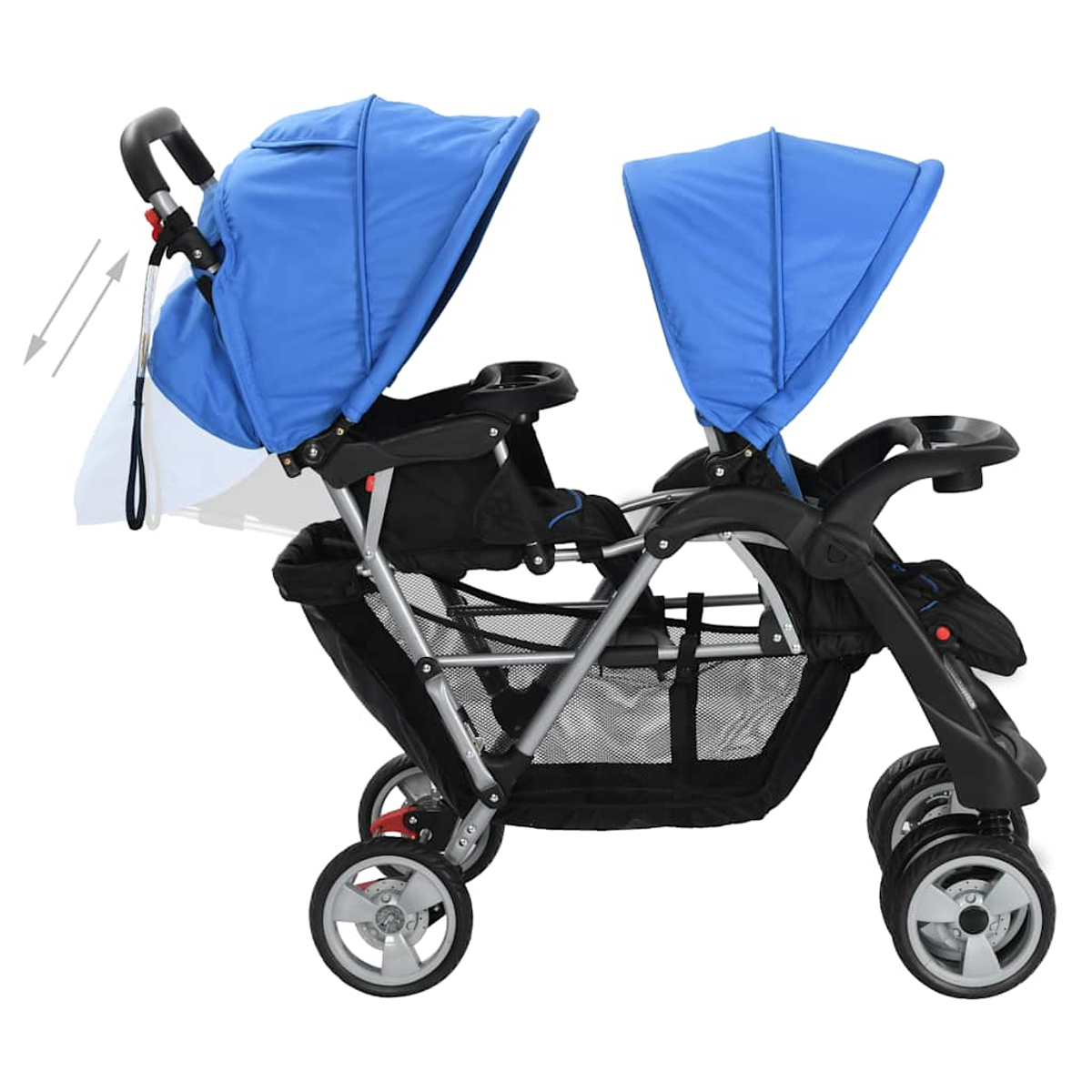 Un passeggino gemellare blu e nero con due cappottine, un cestino portaoggetti e portabicchieri, su sfondo bianco.