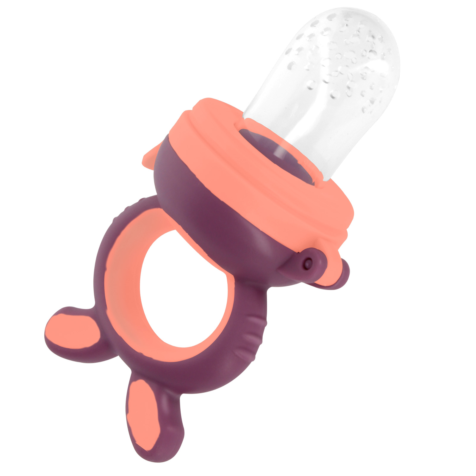 Un alimentatore per alimenti per bambini, con una punta in silicone trasparente piena di piccoli puntini. L'impugnatura è viola e arancione.