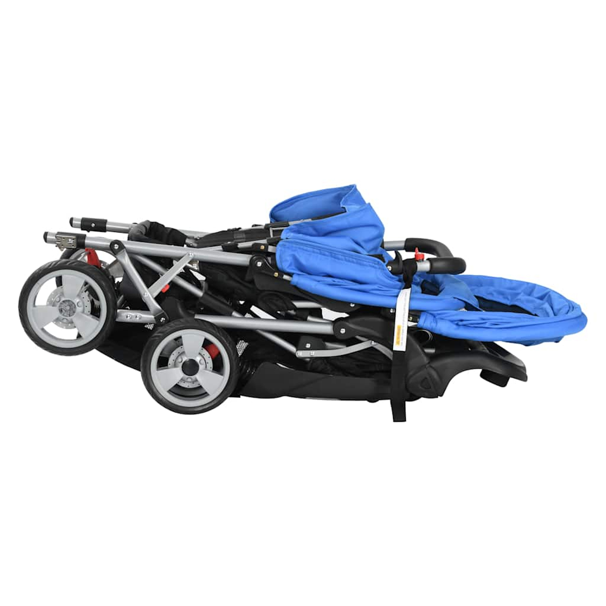 Passeggino blu e nero piegato. Telaio argentato con due ruote grandi davanti, due dietro. Cappottina blu e tessuto seduta.