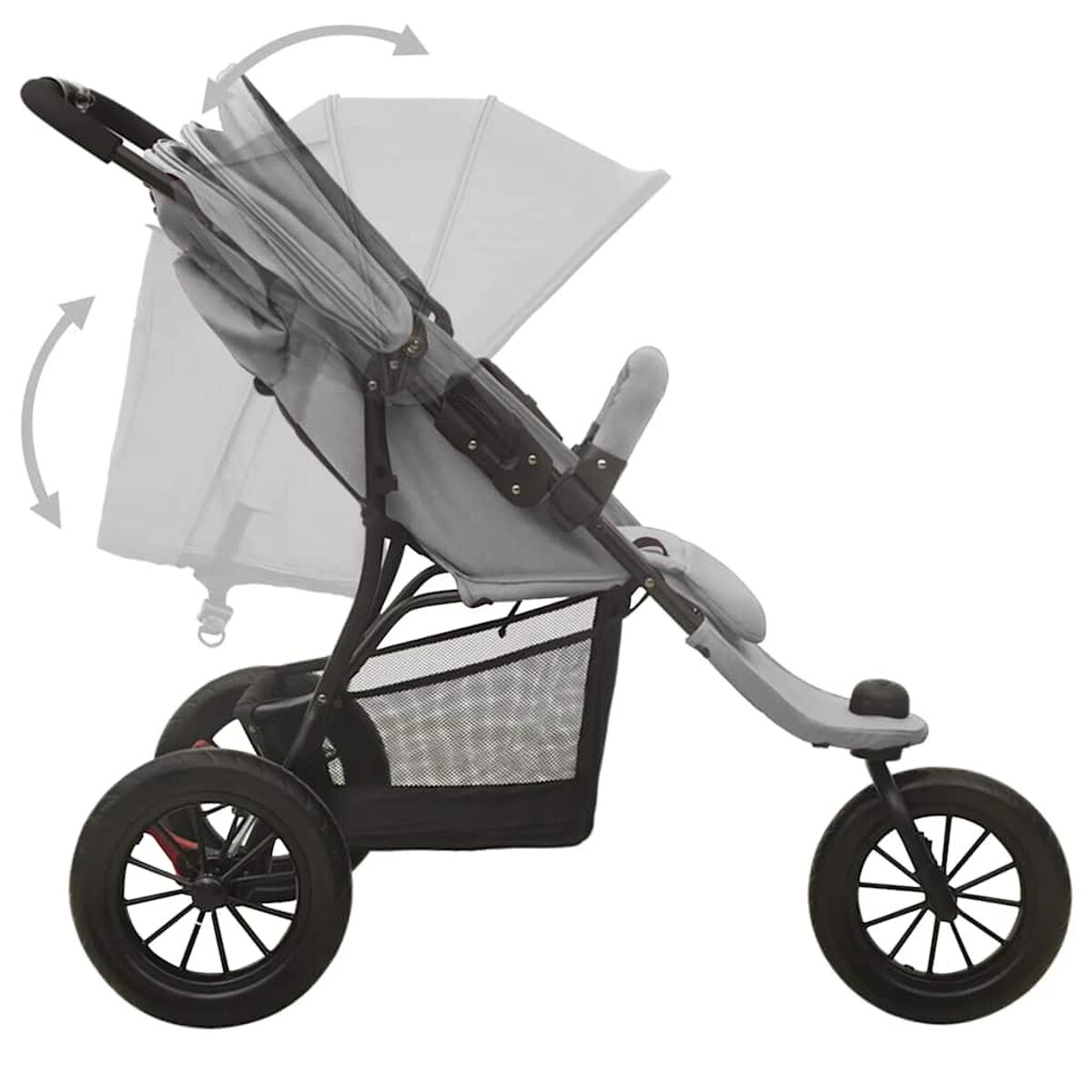 Ein grauer Kinderwagen mit schwarzen Rädern. Das Verdeck ist verstellbar, mit Pfeilen, die die Bewegung anzeigen. Unter dem Sitz befindet sich ein Korb.