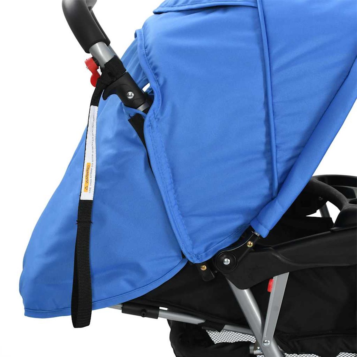 Un tettuccio e un manico blu per passeggino sono mostrati. Una cinghia nera con un'etichetta di avvertimento pende, vicino al manico.