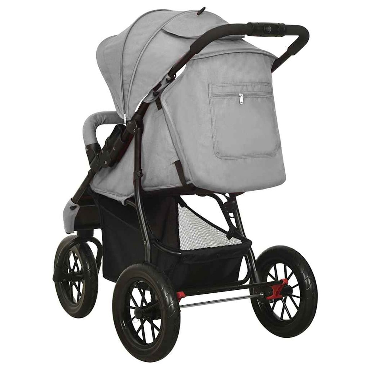 Ein grauer Kinderwagen mit schwarzen Rädern und Rahmen. Er hat ein Verdeck, Stauraum und einen Griff zum Schieben. Die Räder sind groß und robust.