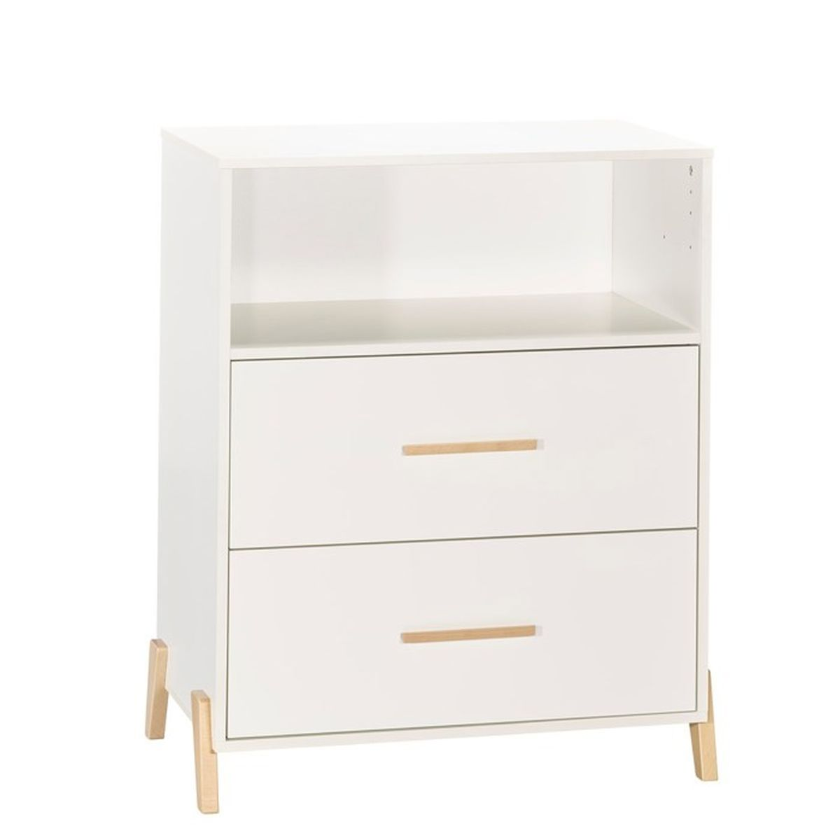 Weißer Schrank mit zwei Schubladen und einem Regal. Er hat hellbraune Griffe und Beine. Der Hintergrund ist weiß.