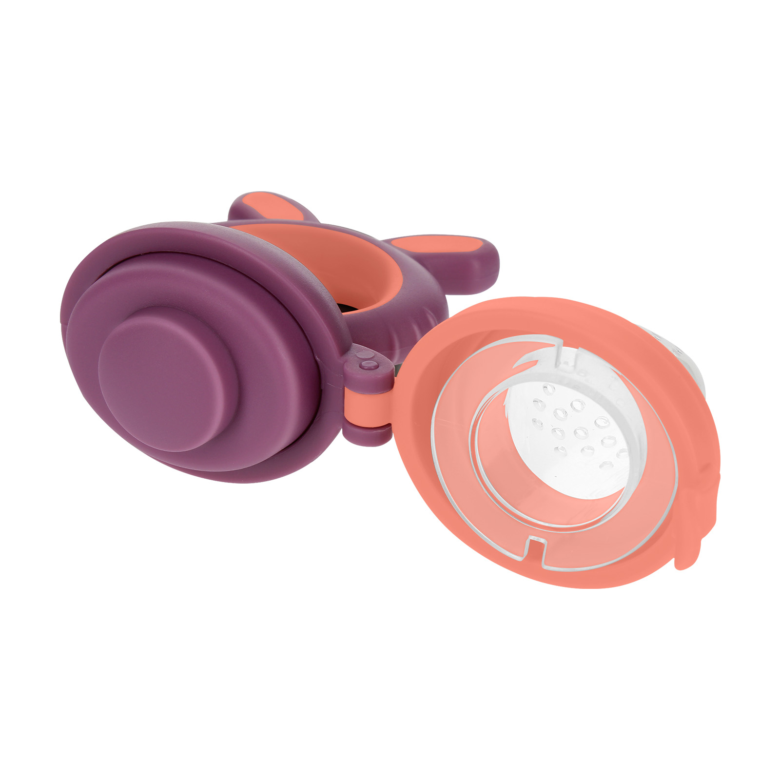 Un alimentatore per neonati viola e arancione, aperto, con un vano trasparente e perforato per il cibo.