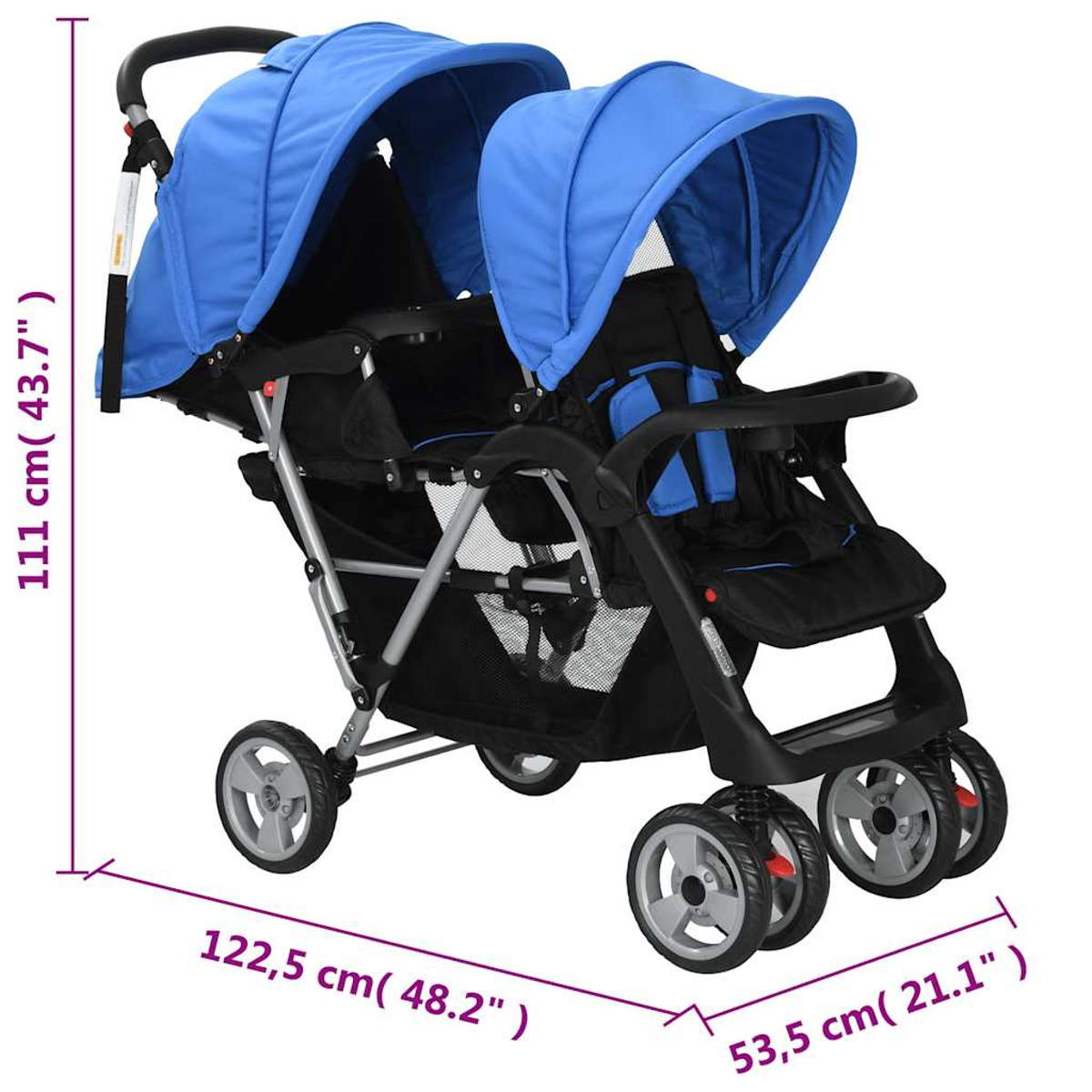 Un passeggino doppio blu con sedili neri. Ha parasole, ruote e maniglia.