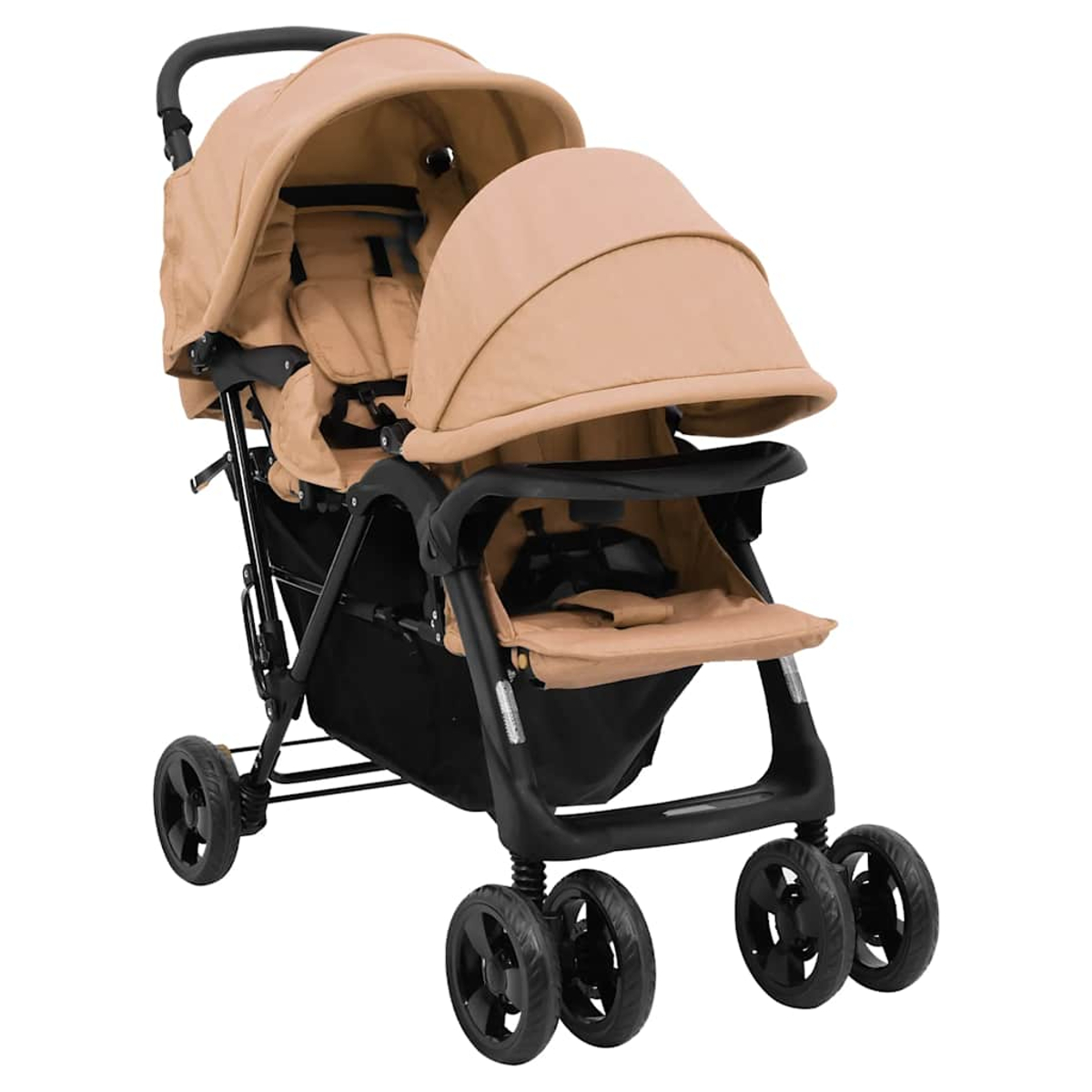 Ein doppelter beigefarbener Kinderwagen mit schwarzem Rahmen. Er hat zwei Sitze, Verdecke und Räder. Der Hintergrund ist weiß.