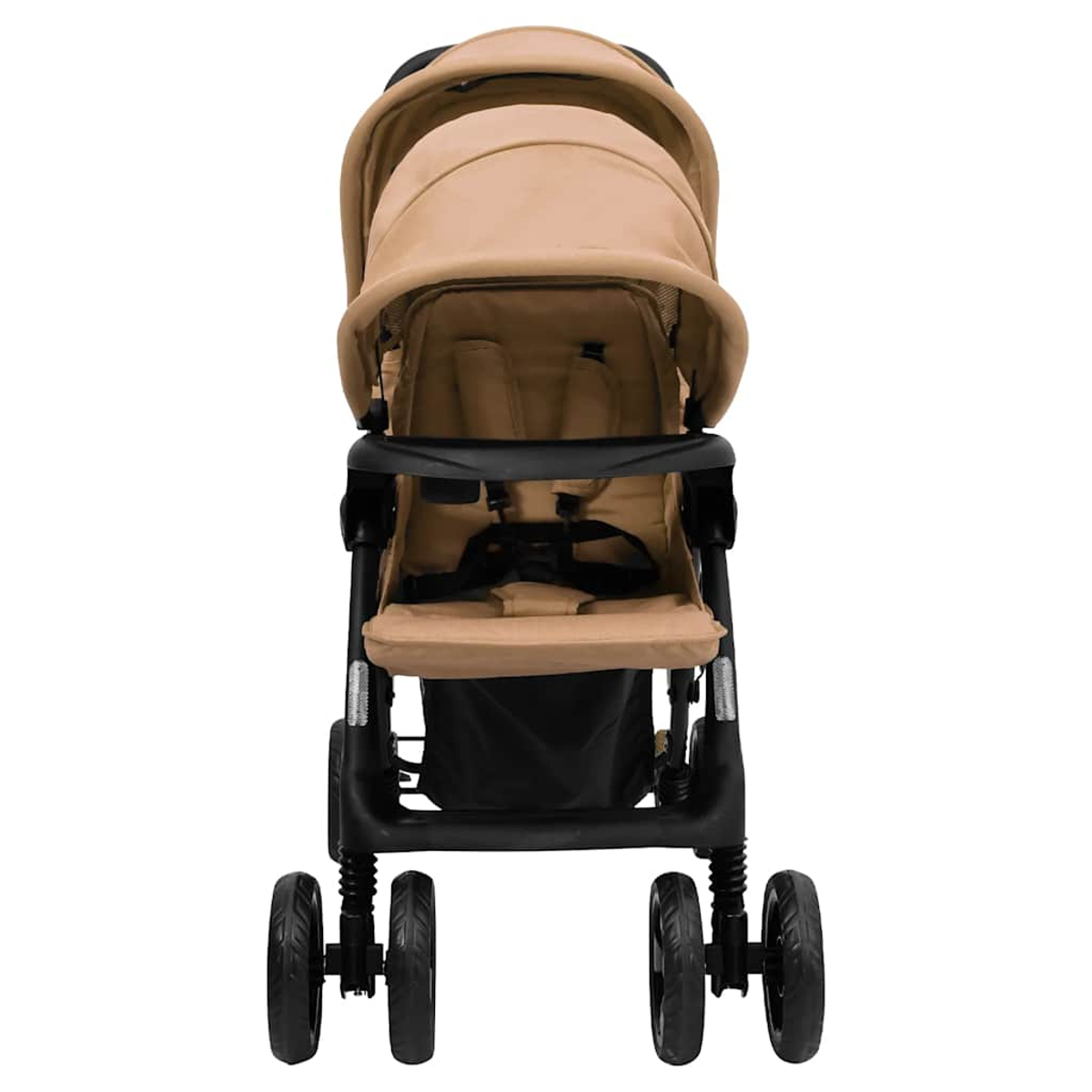Ein beigefarbener Kinderwagen mit schwarzem Rahmen und Rädern. Er hat ein Verdeck, einen Sitz und eine schwarze Stange vorne. Der Hintergrund ist weiß.