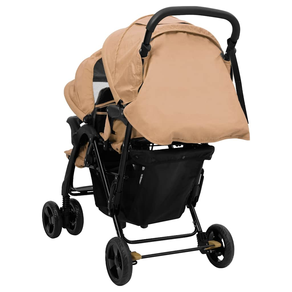 Ein beige-schwarzer Zwillingskinderwagen mit Verdecken und Aufbewahrungskorb. Schwarzer Rahmen mit vier Rädern auf weißem Hintergrund.