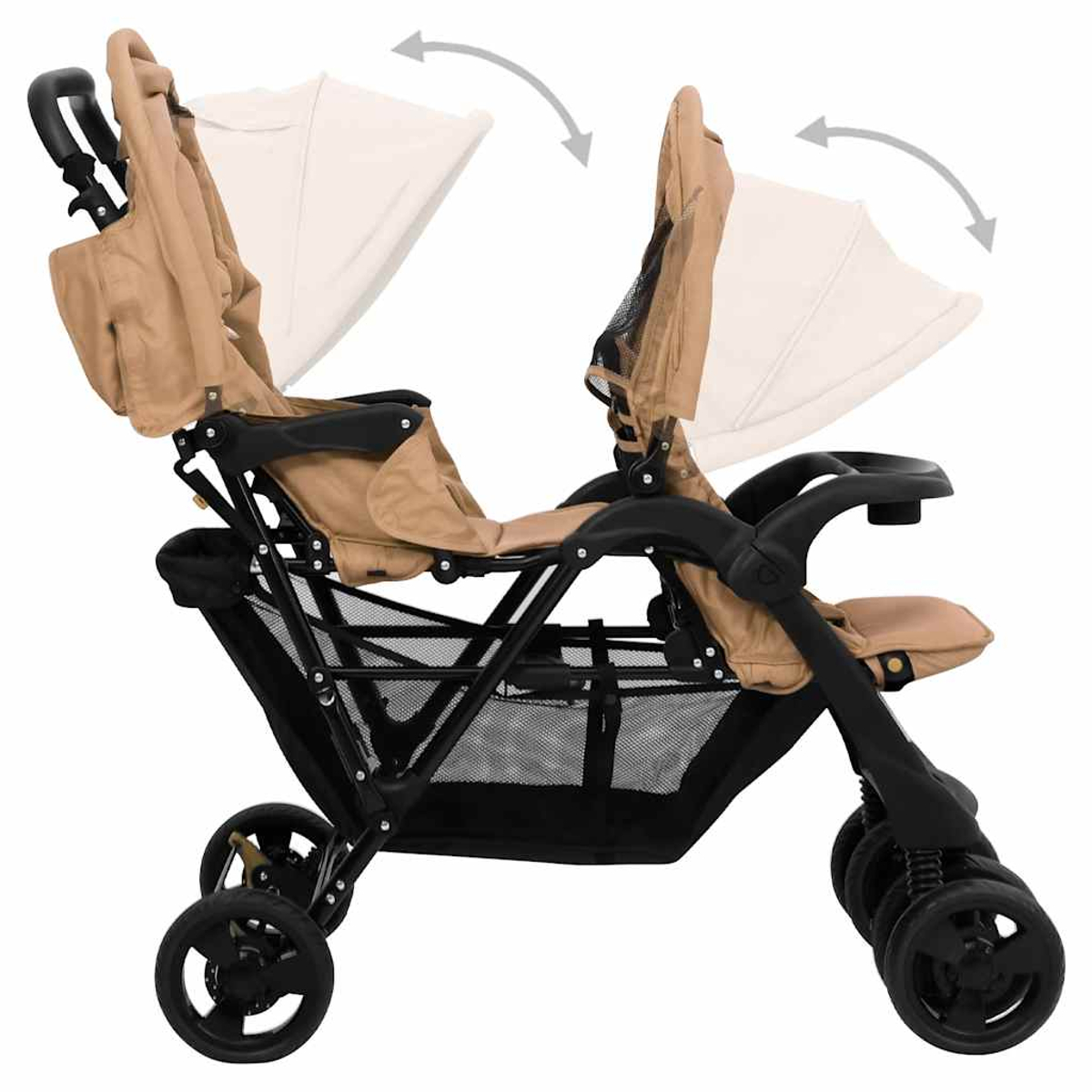 Ein zweisitziger Kinderwagen in Hellbraun und Schwarz mit zwei Sonnenverdecken in der oberen Position. Der Wagen hat einen Korb und vier Räder.