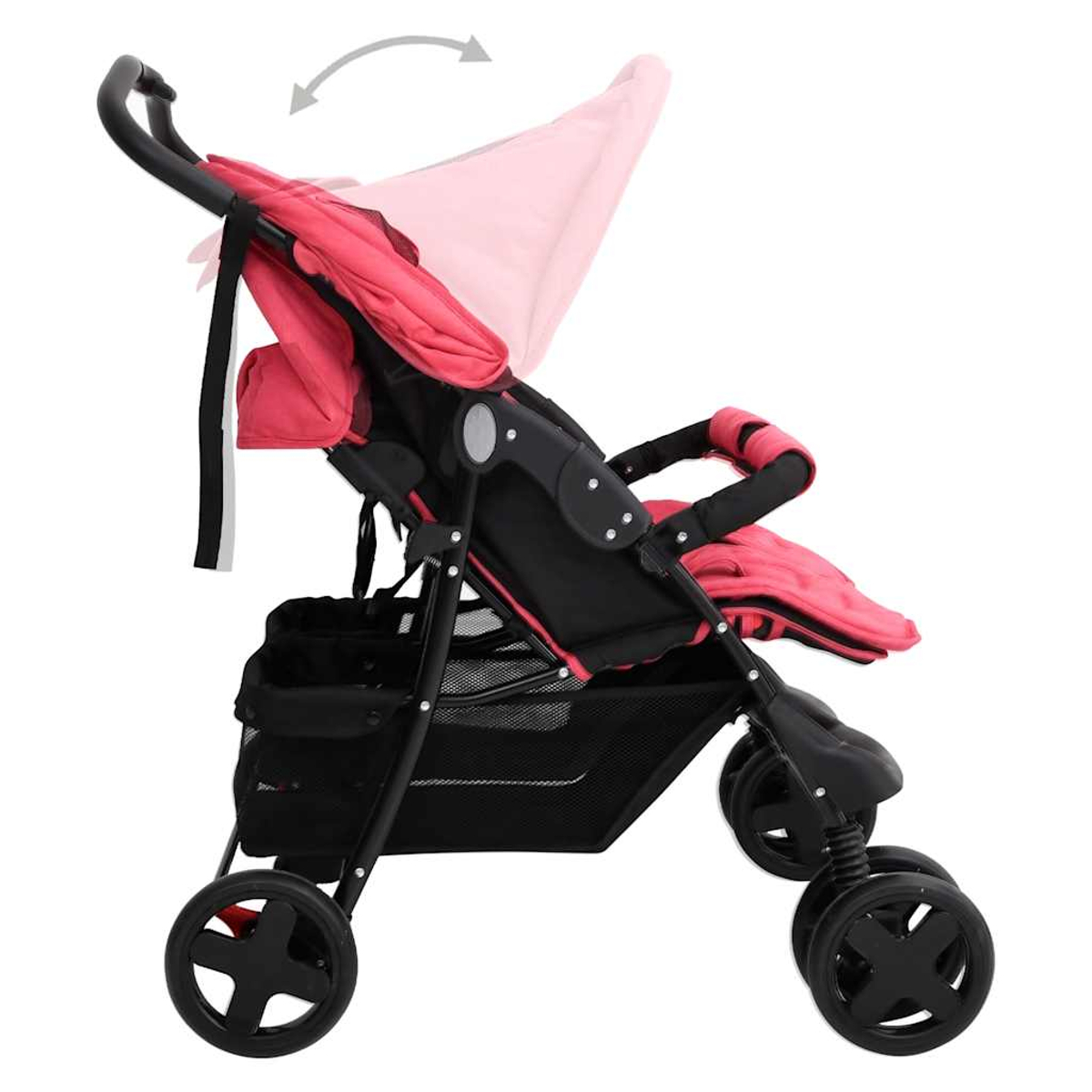 Ein rot-schwarzer Kinderwagen mit Sonnenverdeck. Das Sonnenverdeck ist teilweise geöffnet. Der Kinderwagen hat vier Räder und einen Einkaufskorb.