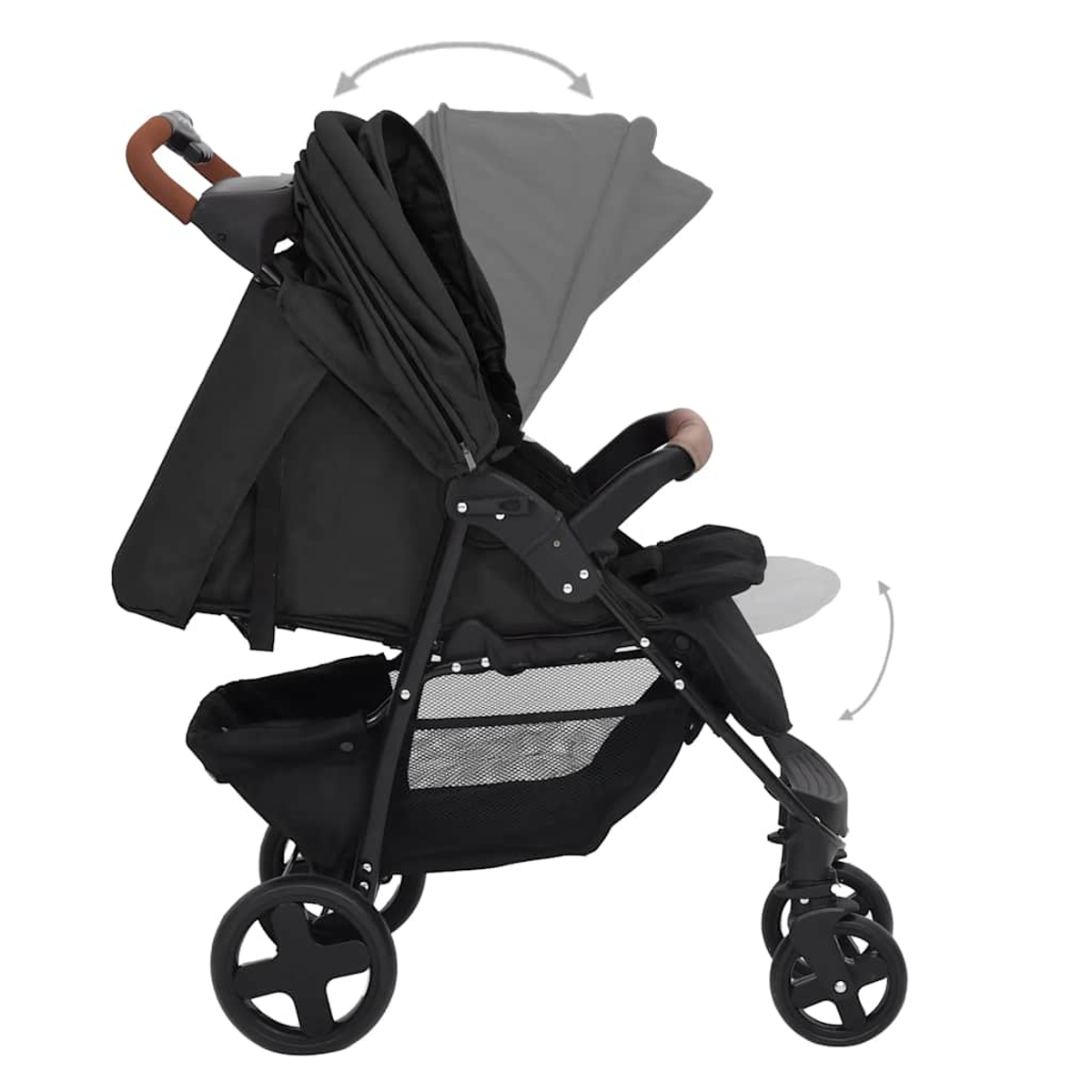 Schwarzer Kinderwagen mit braunem Griff. Verdeck und Fußstütze sind verstellbar. Vier Räder mit Korb darunter.