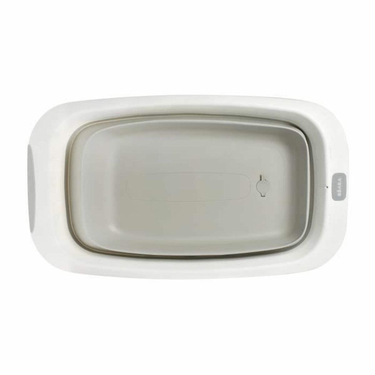 Eine weiße und graue rechteckige Babybadewanne. Die Innenseite ist grau und der äußere Rand weiß. Der Markenname steht auf der rechten Seite.