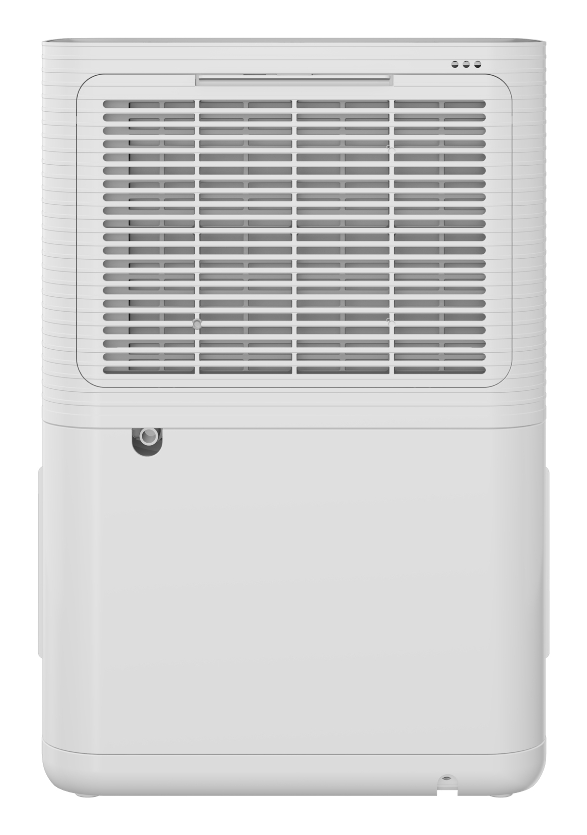 Un deumidificatore bianco con griglia e pulsanti di controllo. Ha un design rettangolare con bordi arrotondati e un indicatore del livello dell'acqua.
