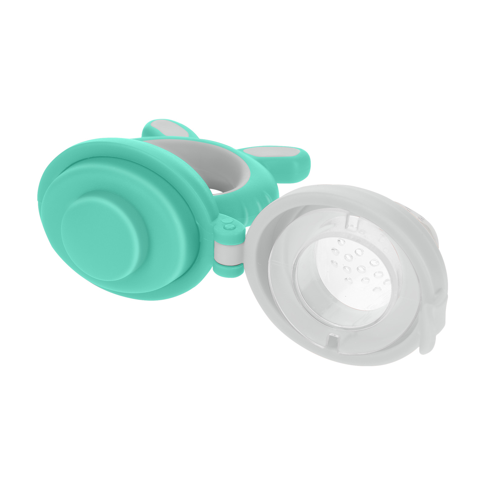 Un alimentatore per neonati in verde acqua e bianco, aperto, con manico rotondo e design a orecchie di coniglio.