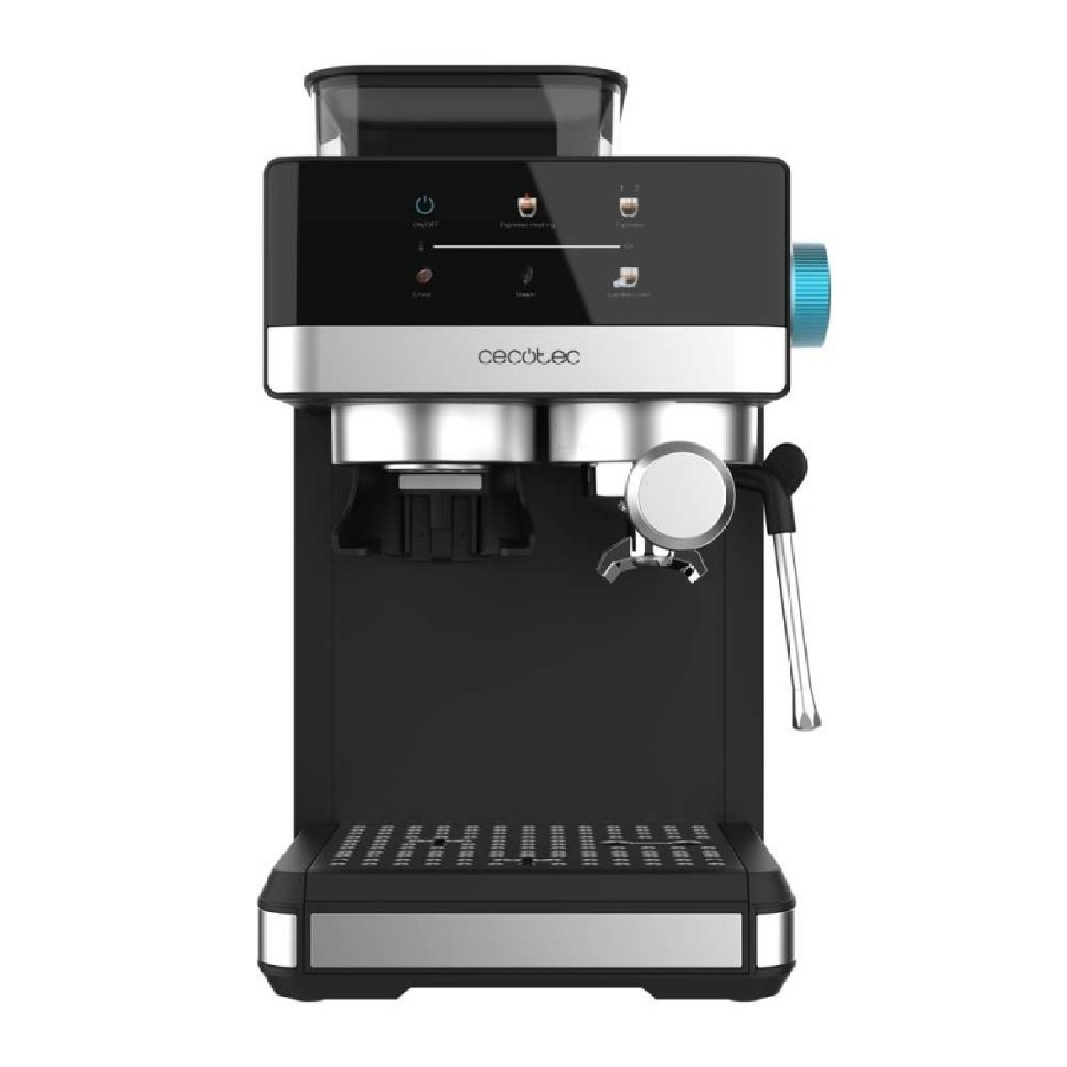 Una máquina de espresso Cecotec negra y plateada. Tiene botones, una boquilla de agua y una perilla azul.