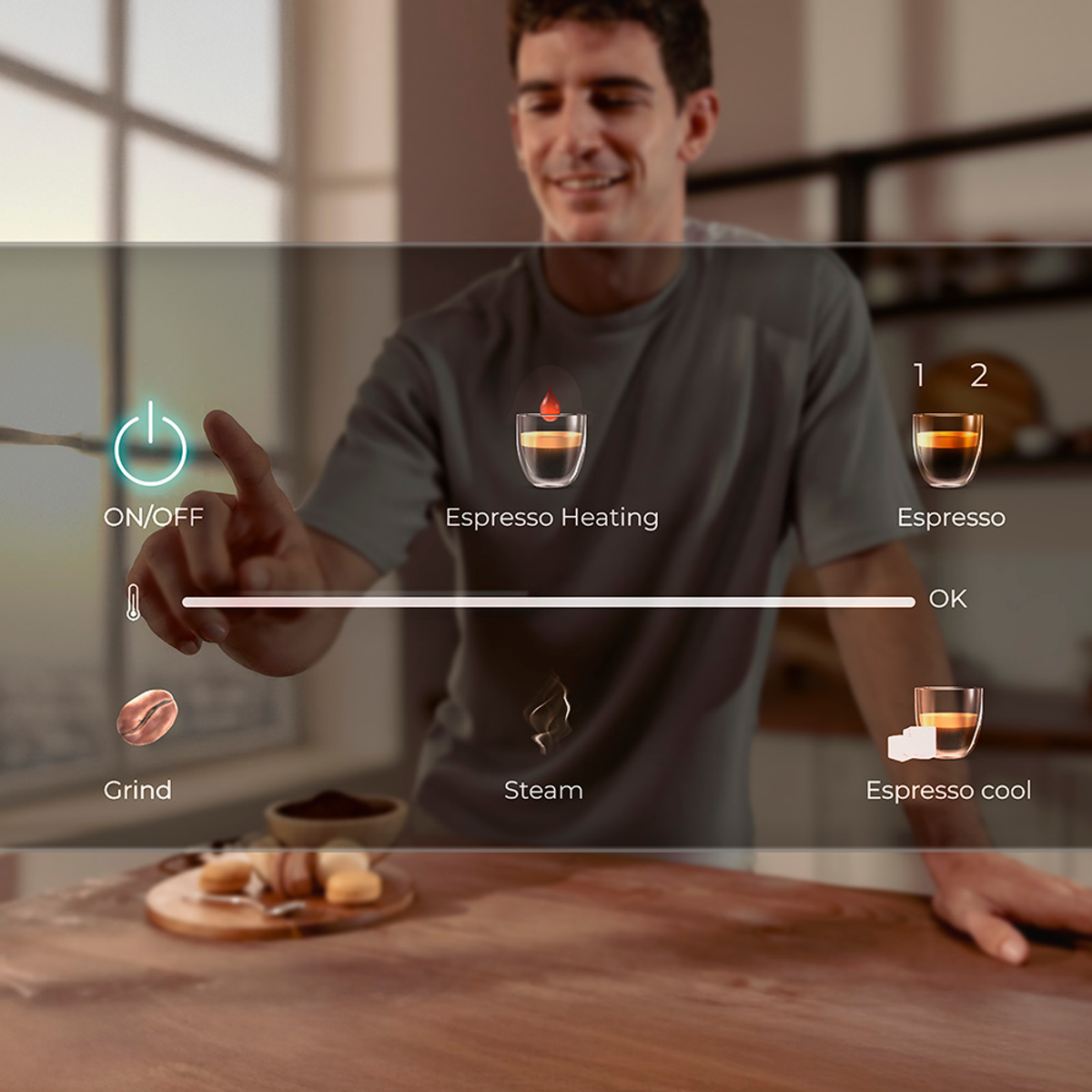 Hombre usando pantalla táctil para controlar cafetera espresso. Iconos para encendido/apagado, moler, vapor, calentar espresso y enfriar espresso.