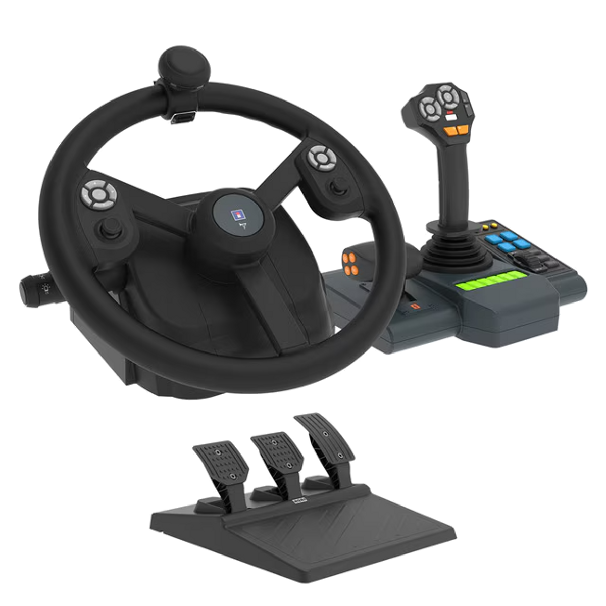 Czarna kierownica, joystick i zestaw pedałów do symulatora. Zestaw jest na czarnym tle.