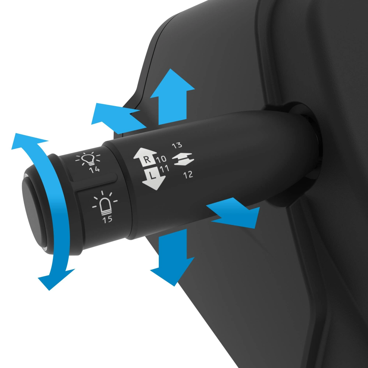 Zbliżenie czarnej dźwigni kierunkowskazu z niebieskimi strzałkami wskazującymi kierunki. Obecne są symbole świateł i kierunkowskazów.