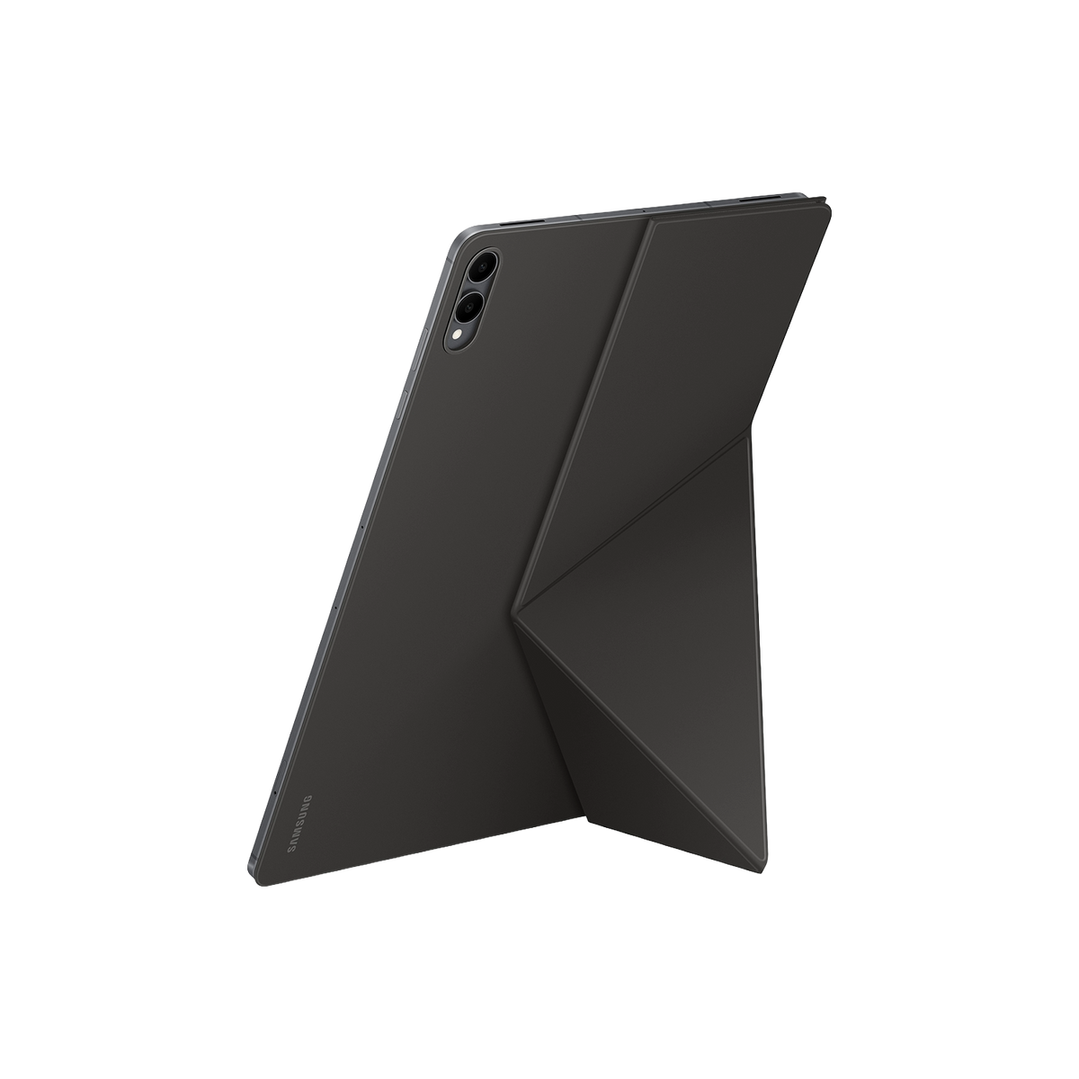 Czarny tablet Samsung z ciemnoszarą obudową. Obudowa jest złożona, aby podeprzeć tablet. Tło jest czarne.