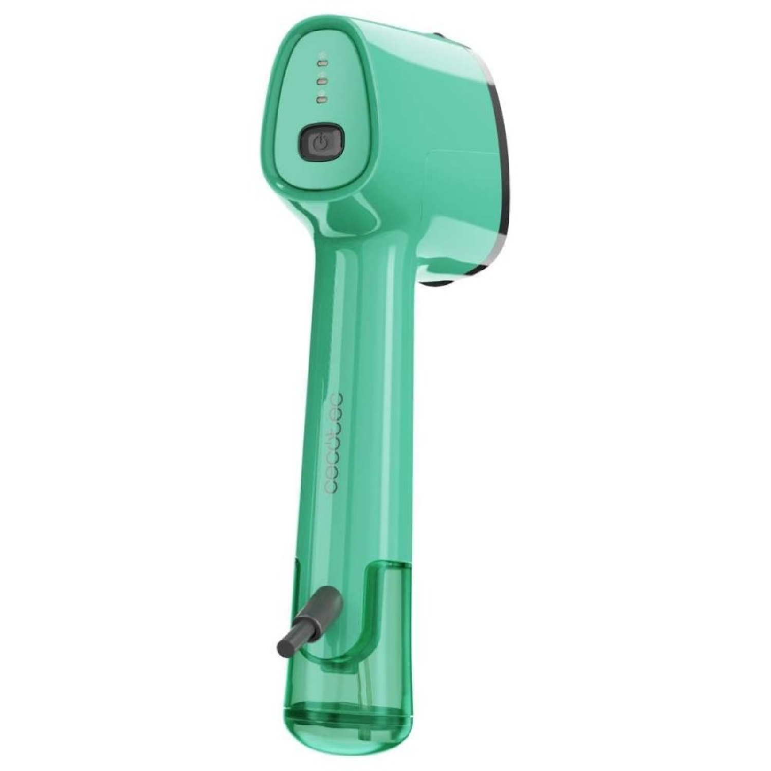 Un vaporizzatore per indumenti portatile color verde acqua. Ha un manico con serbatoio d'acqua e pulsante di accensione/spegnimento. Il marchio è visibile.