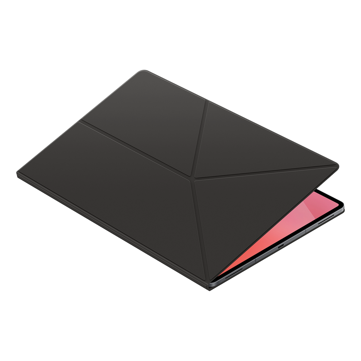 Czarny futerał na tablet, częściowo otwarty, odsłaniający ekran tabletu z różowym wyświetlaczem na czarnym tle.
