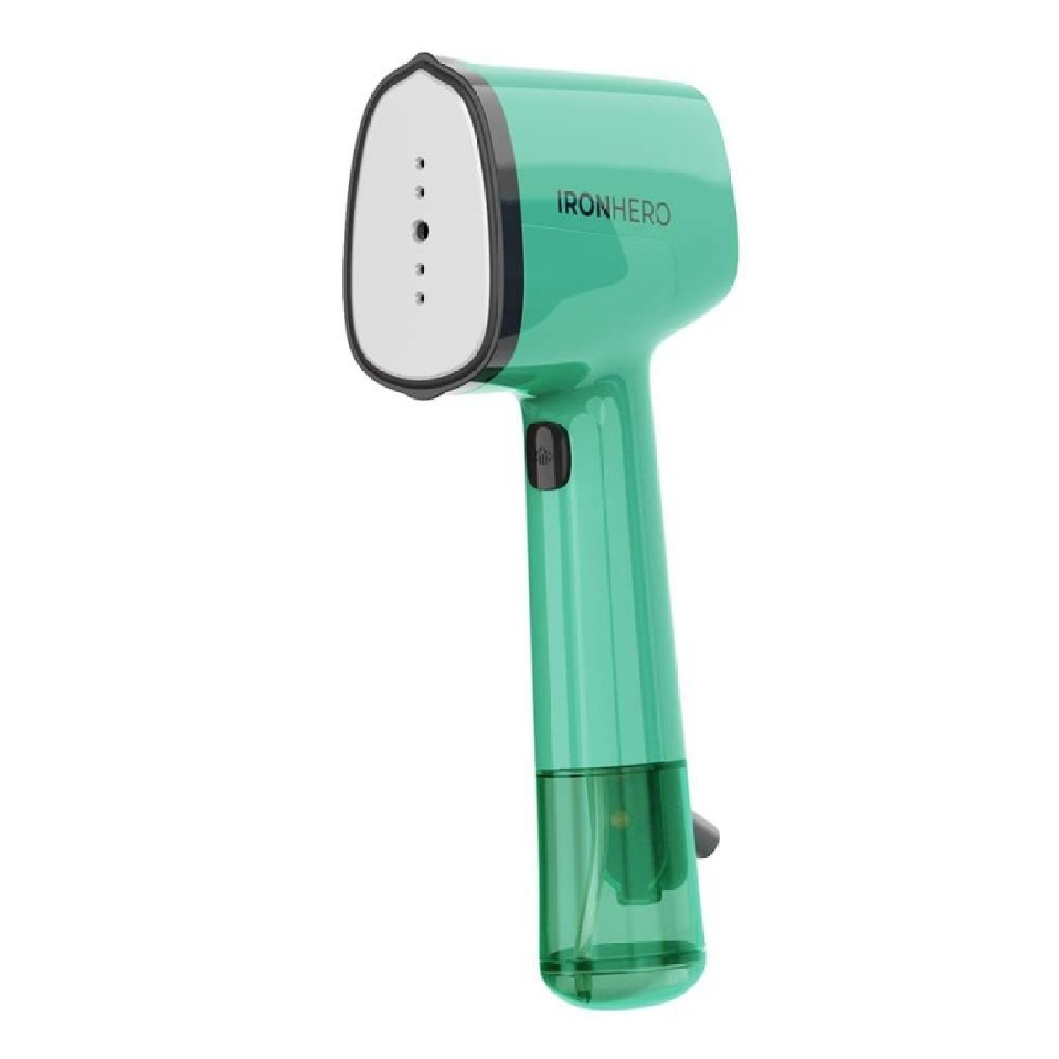 Un vaporizzatore per indumenti portatile IronHero color verde acqua. Ha una testa bianca con fori per il vapore, un serbatoio dell'acqua trasparente e un pulsante di accensione nero.