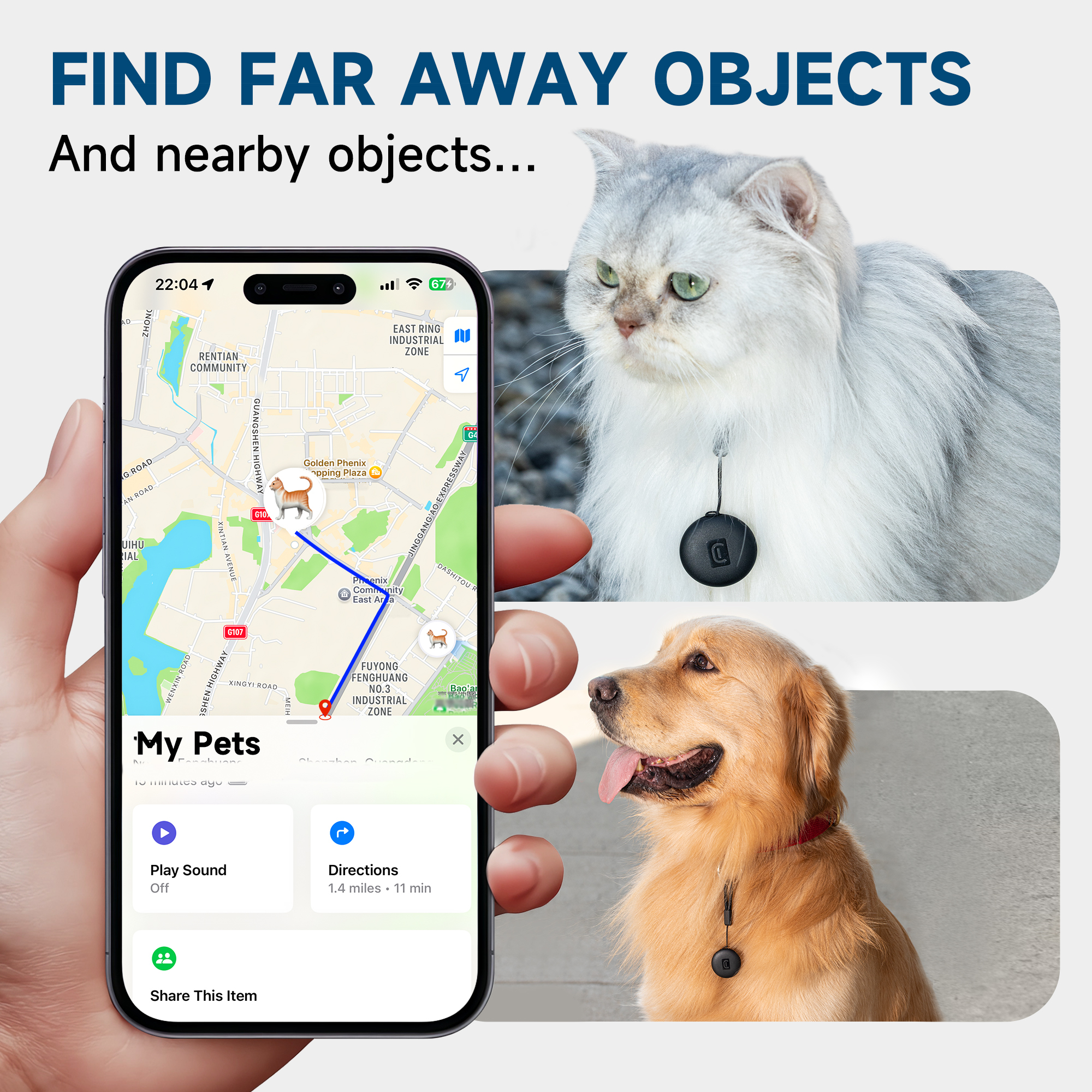 Ein Telefon zeigt eine Karte mit Katze und Hund. Eine Katze und ein Golden Retriever sind ebenfalls vorhanden, jeder mit einem schwarzen Tracker.
