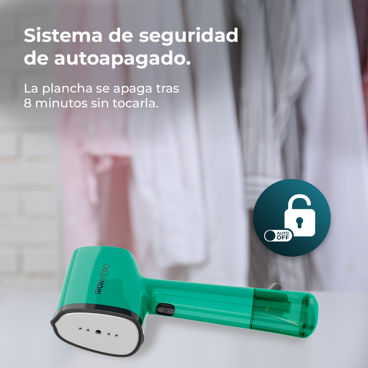 Un vaporizzatore Ironhero verde e bianco con funzione di spegnimento automatico. Il testo recita 'Auto Off' e 'Sistema de seguridad de autoapagado'.
