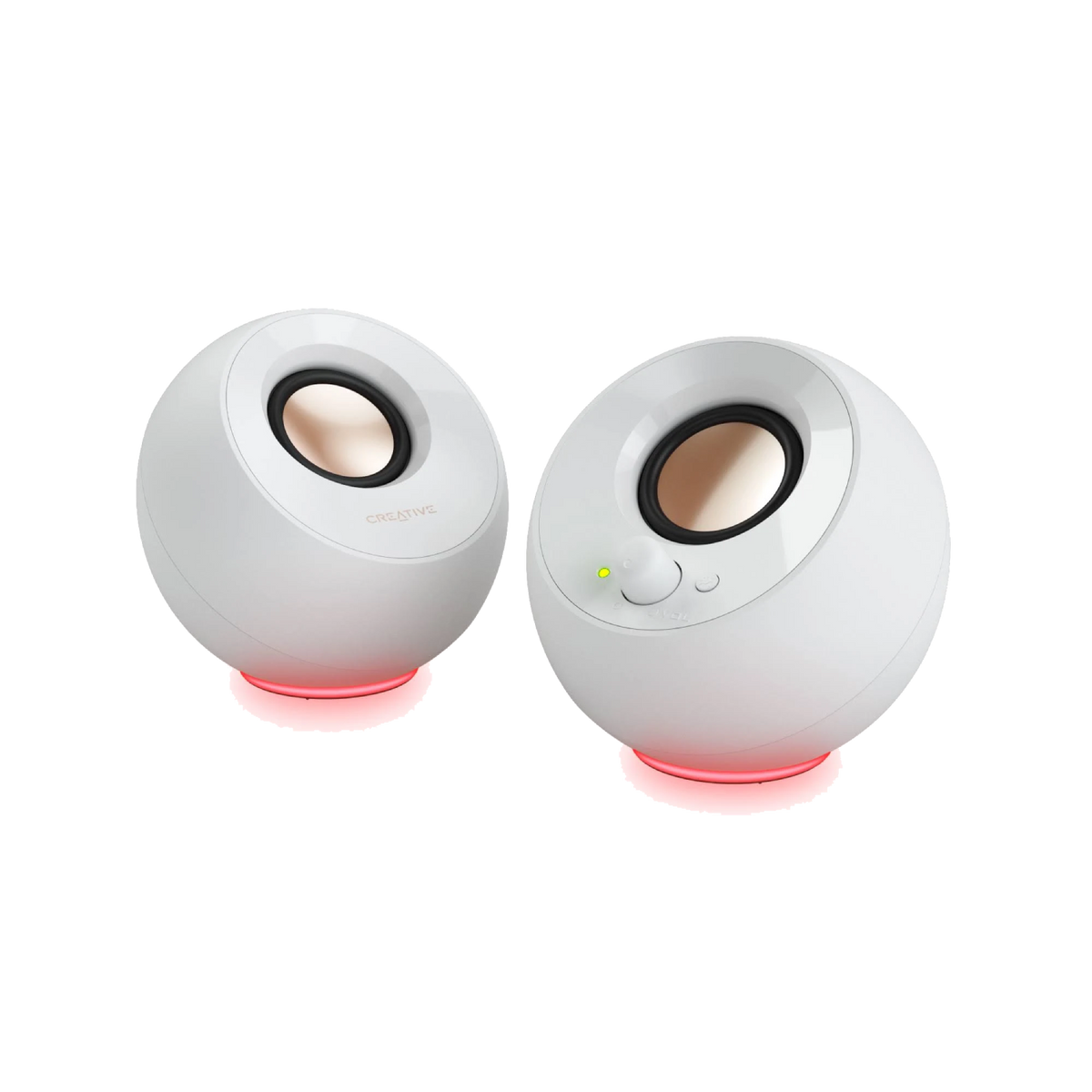 Due altoparlanti Creative bianchi con cono dorato, su base illuminata rossa, isolati su sfondo nero.