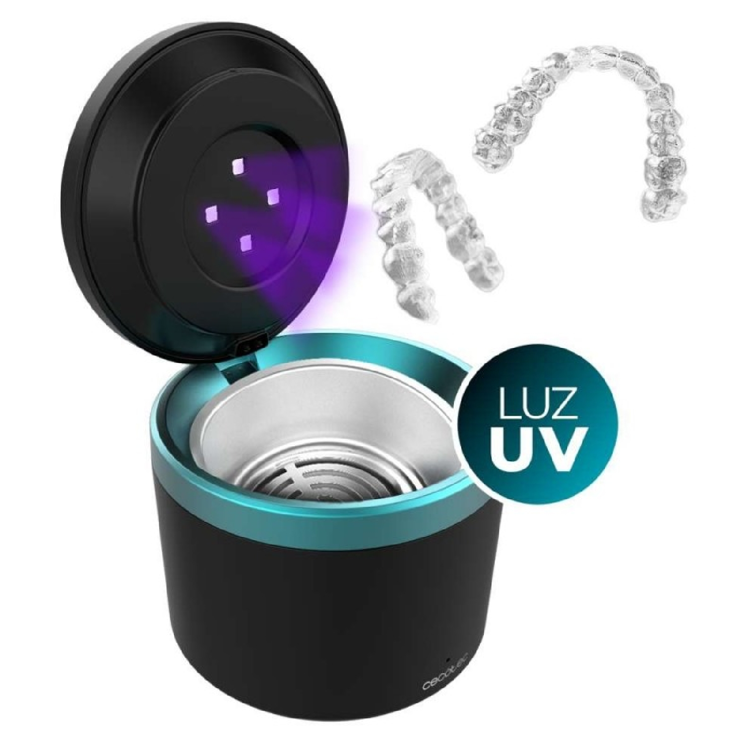 Un esterilizador UV negro y verde azulado con retenedores dentales transparentes. La tapa está abierta, mostrando luz UV violeta. Una pegatina 'UV LIGHT' está presente.