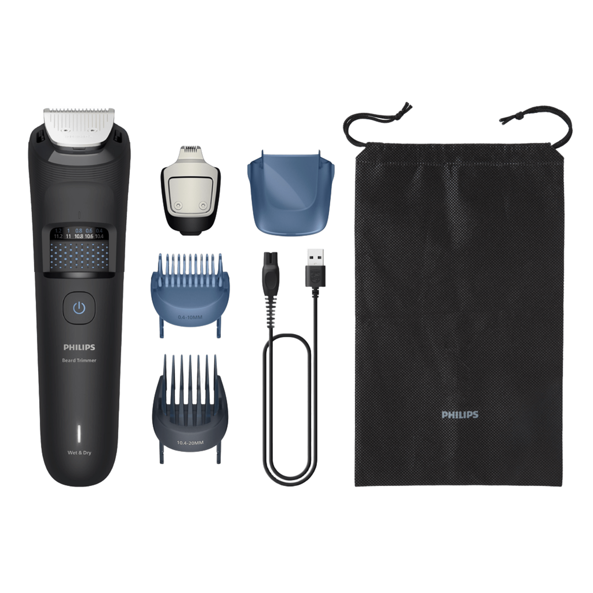 Zestaw do przycinania brody Philips. Zawiera trymer, nasadki, kabel ładujący i czarną torbę podróżną, wszystko na czarnym tle.